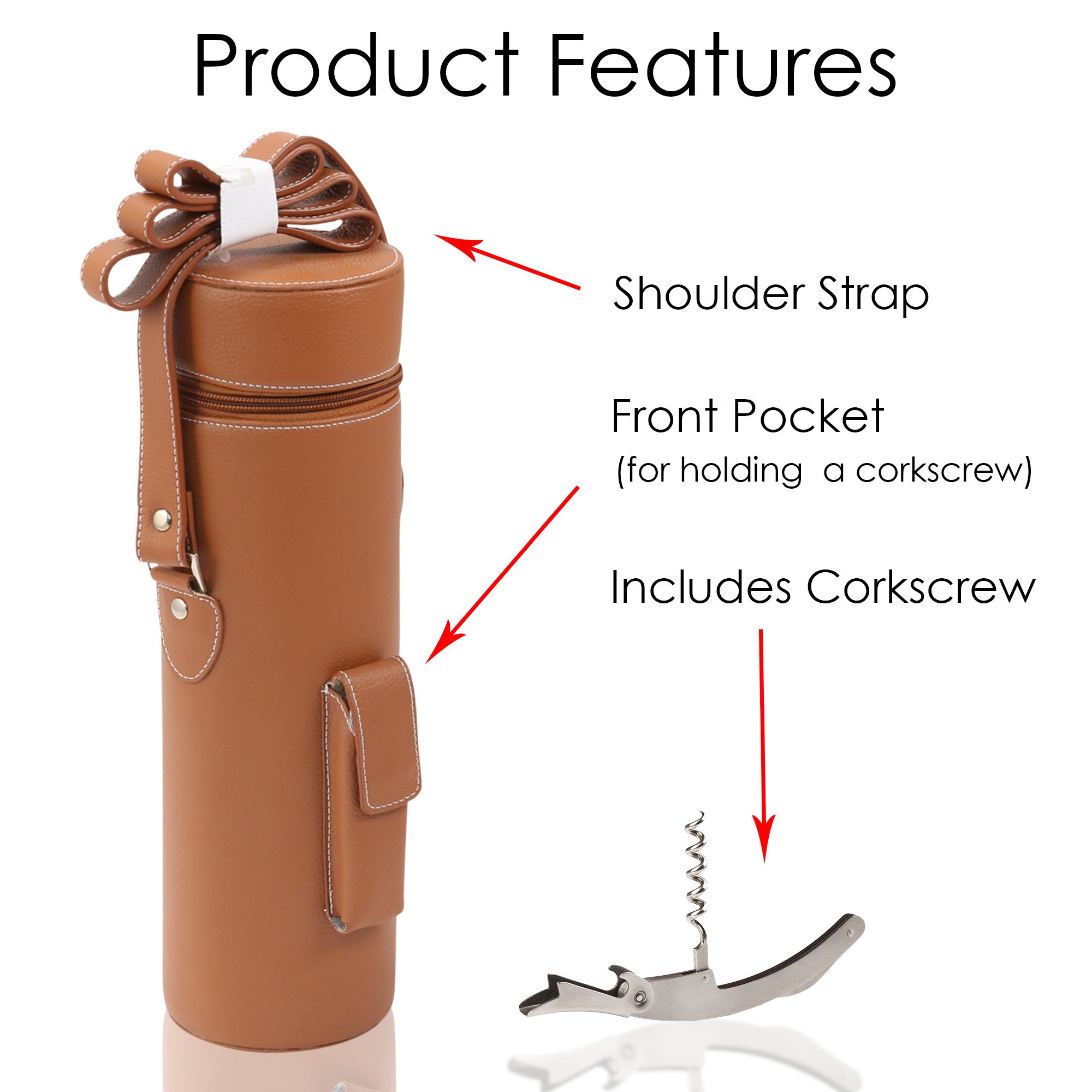 Premium Genuine Leather Wine Tote Bag - Insulated Travel Carrier with Shoulder Strap & Built-in Corkscrew - Elegant Brown Gift for Wine Lovers (Perfect for Picnics, Parties & Wine Tasting Events)