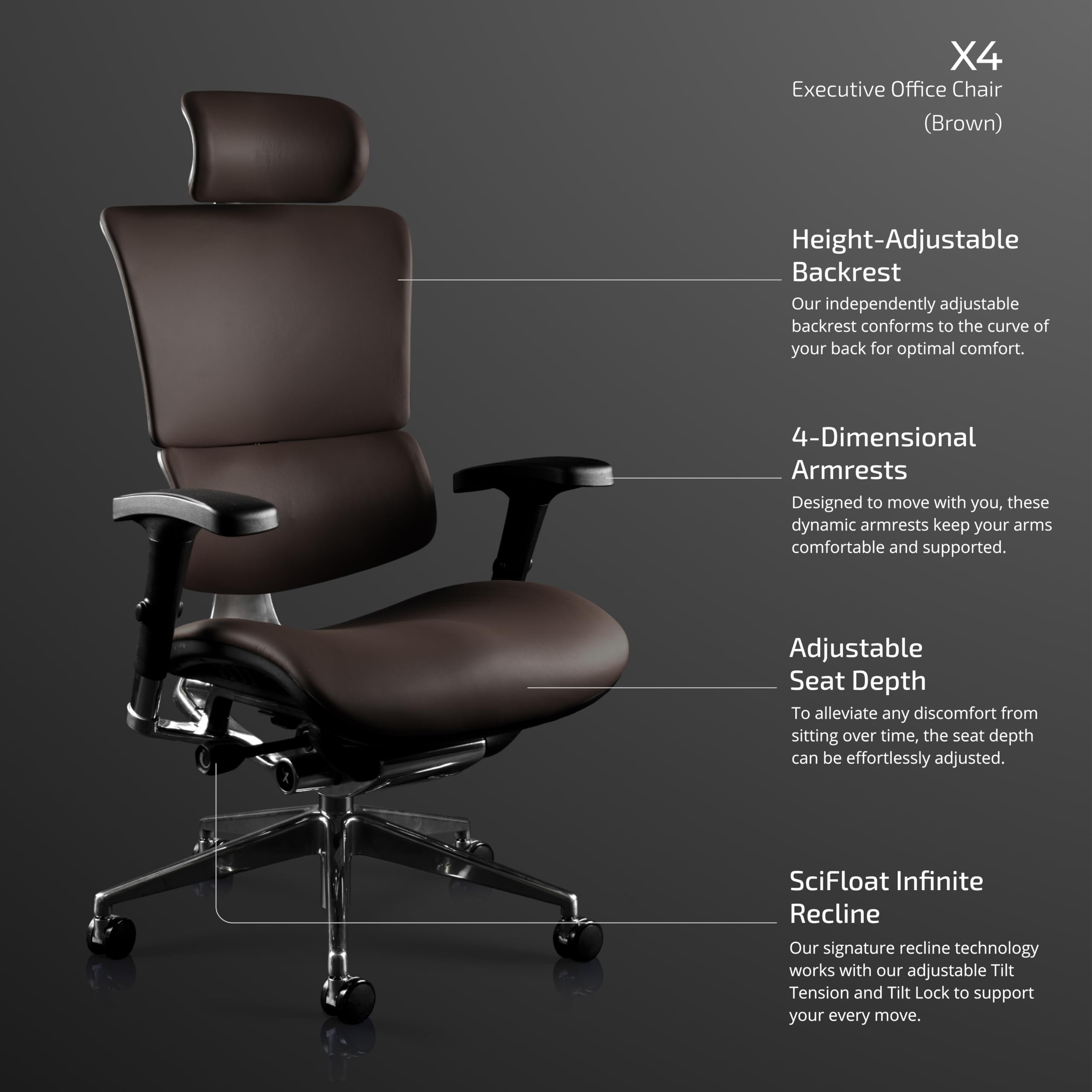 Premium X-Chair X4 Ergonomic Executive Office Chair - Genuine Brown Leather, Adjustable Lumbar Support & Floating Recline Technology | Ideal for Home Office, Corporate Boardrooms & Professional Workspaces