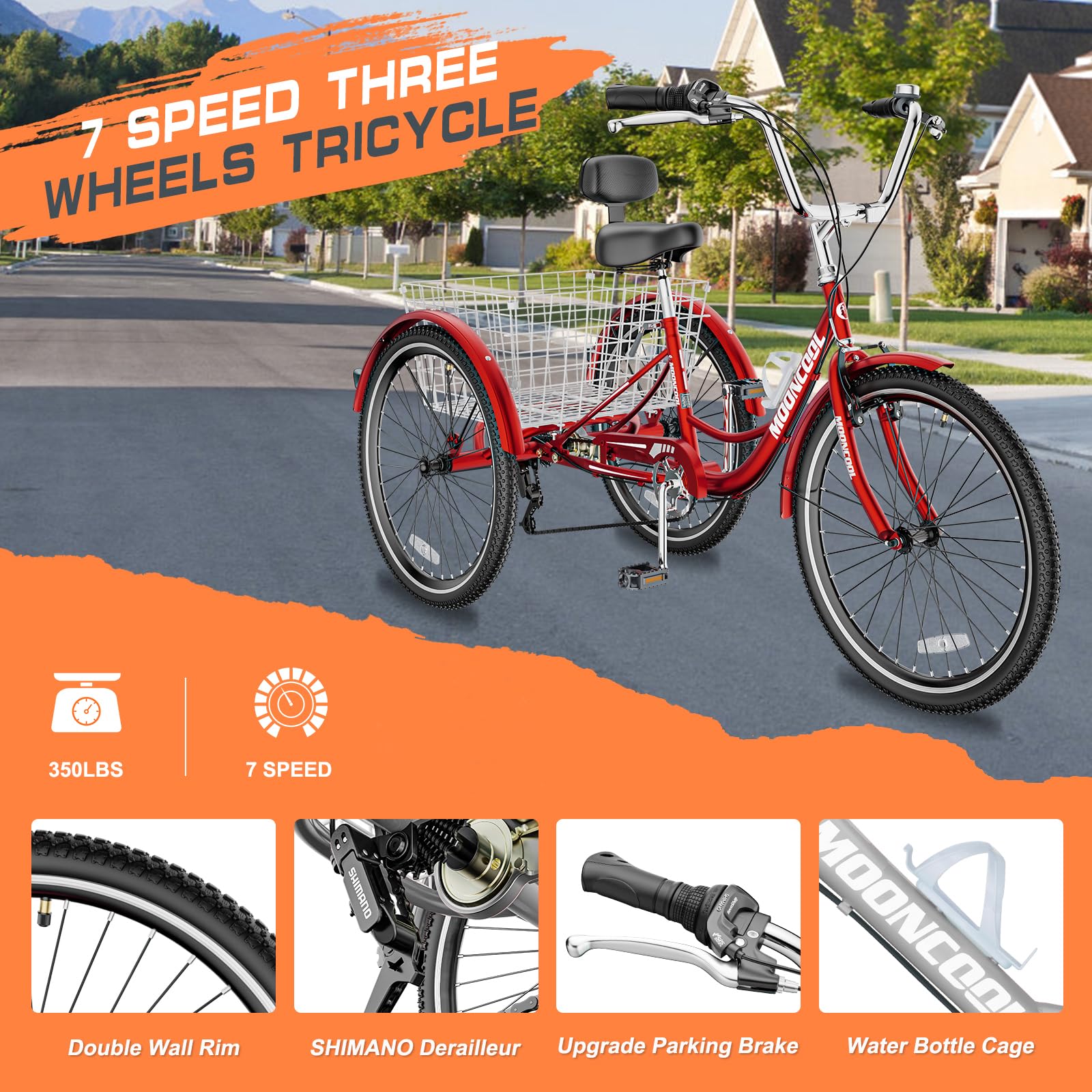 MOONCOOL Adult Tricycles 7-Speed 3-Wheel Bikes for Seniors, Women & Men - 20/24/26 Inch Wheels with Basket - Comfortable & Stable Ride for Groceries, Exercise & Outdoor Leisure