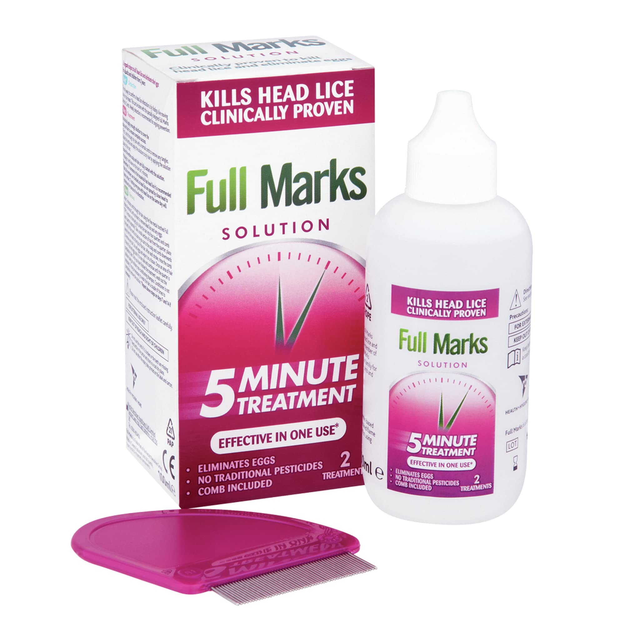 Full Marks 100ml Lice Treatment Solution with Scalp Comb - Clinically Proven 5-Minute Head Lice Prevention & Egg Removal for Kids & Adults - Perfect for Home Use, Schools & Travel
