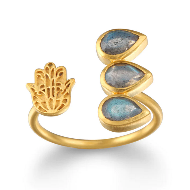 Blessed Insight Labradorite Hamsa Adjustable Ring for Women - Spiritual Protection Jewelry, Hand of Fatima Adjustable Size Ring for Meditation, Yoga & Positive Energy