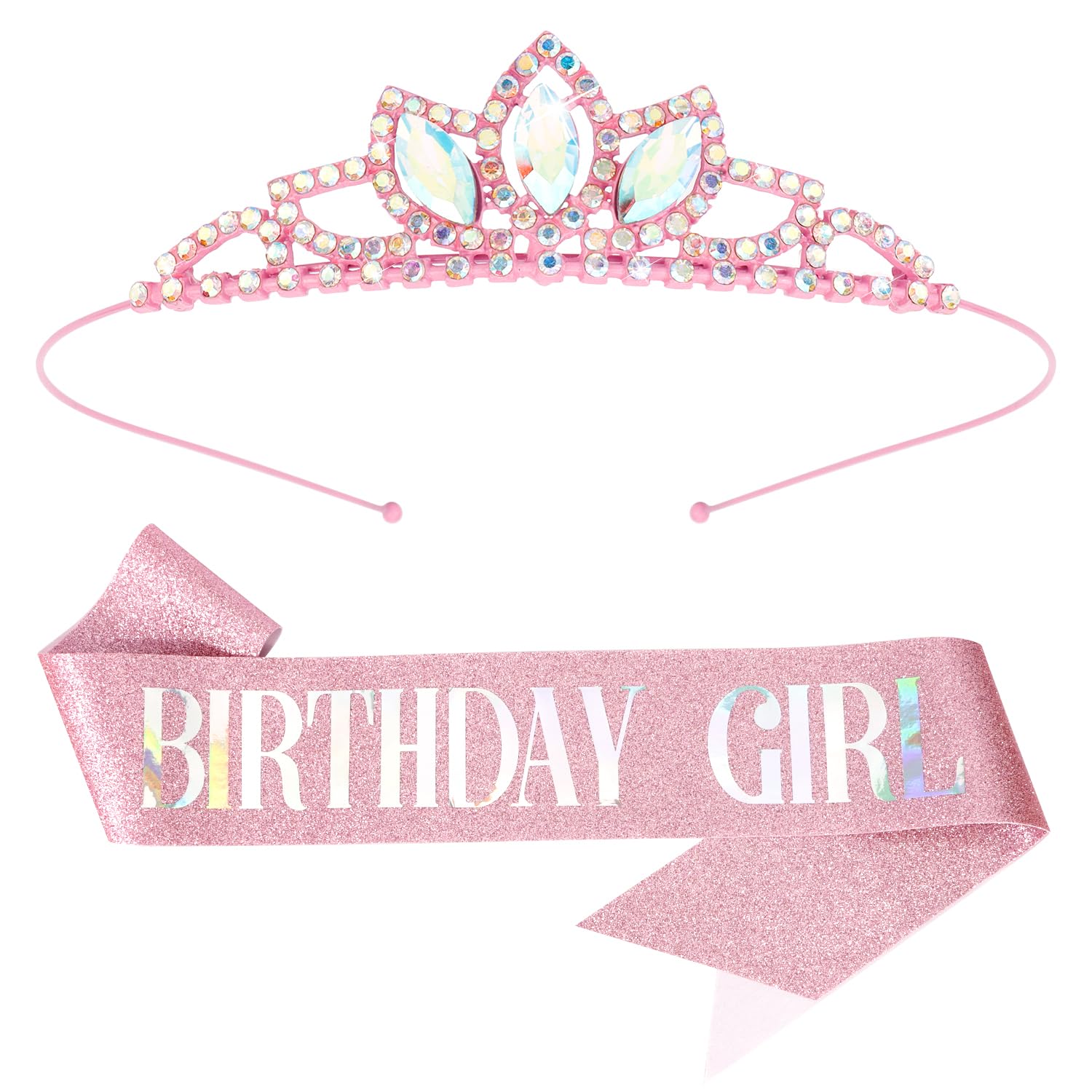 Sparkling Rhinestone Princess Tiara Crown for Girls - Pink Crystal Birthday Headband & Sash Set | Perfect for Birthday Parties, Pageants, Dress-Up & Special Occasions | Great Gift for Little Princesses