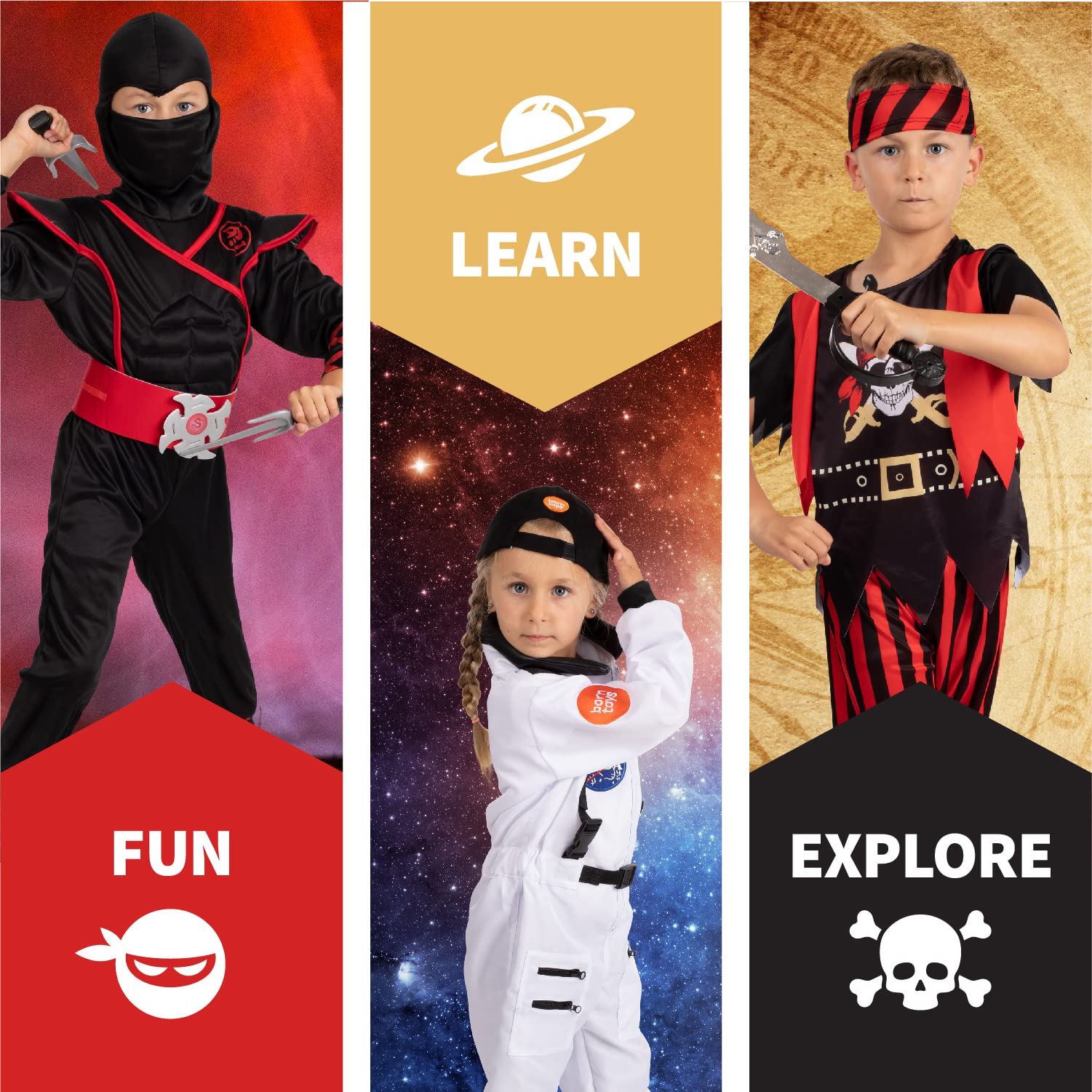 Born Toys 3-in-1 Kids Dress Up Costume Set - Pirate, Ninja, Astronaut & Fireman Costumes for Boys & Girls Ages 3-7 | Halloween, Birthday Party & Pretend Play Outfits