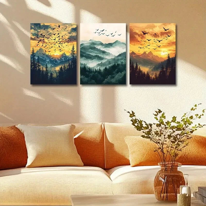 3-Piece Flock of Birds Flying Over Mountains Metal Wall Art - Ready to Hang Landscape Decor for Living Room, Bedroom & Office