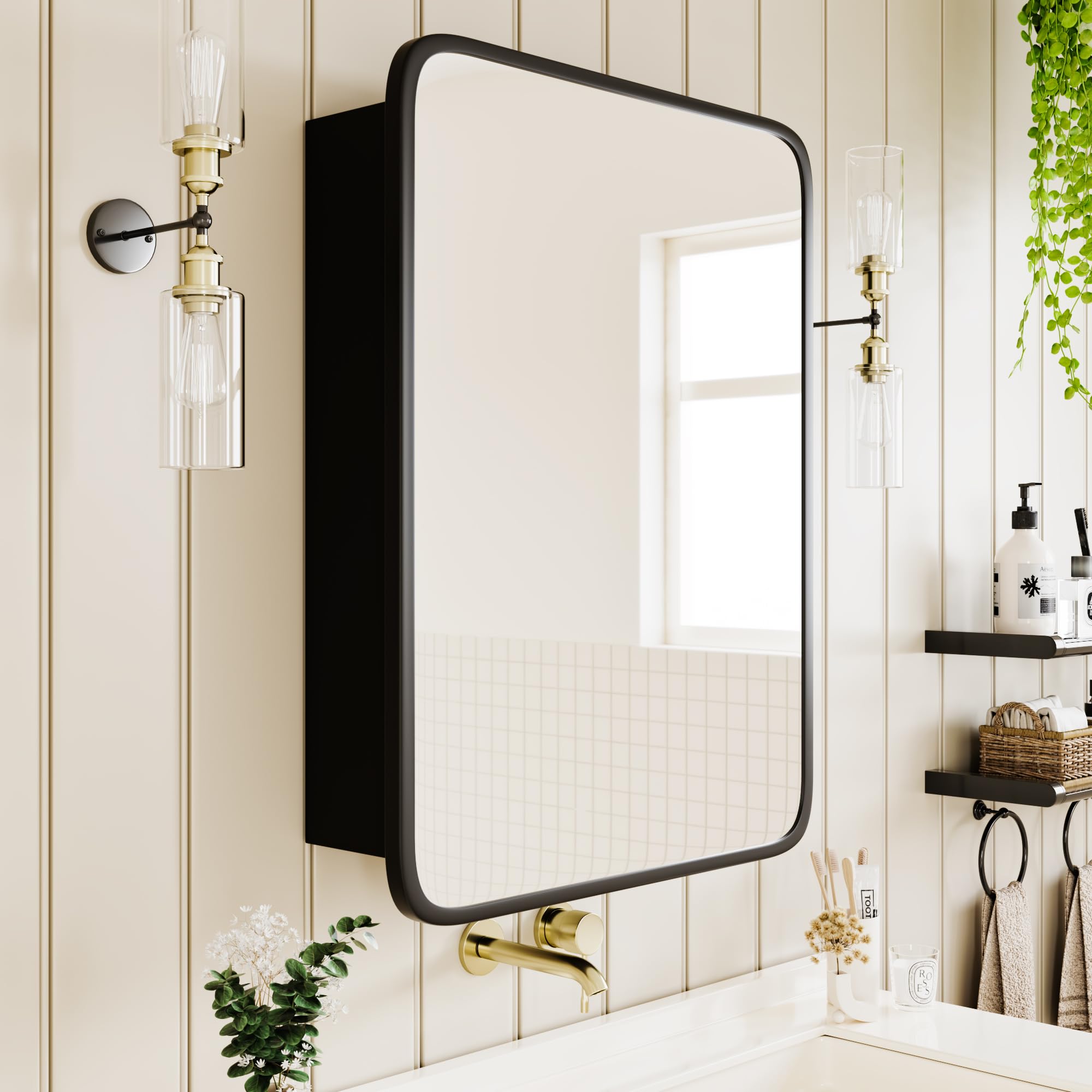 20''x30'' Black Wood Bathroom Storage Cabinet with Metal Frame & Curved Mirror - Recessed Medicine Cabinet for Vanity, Makeup Organization & Bathroom Decor