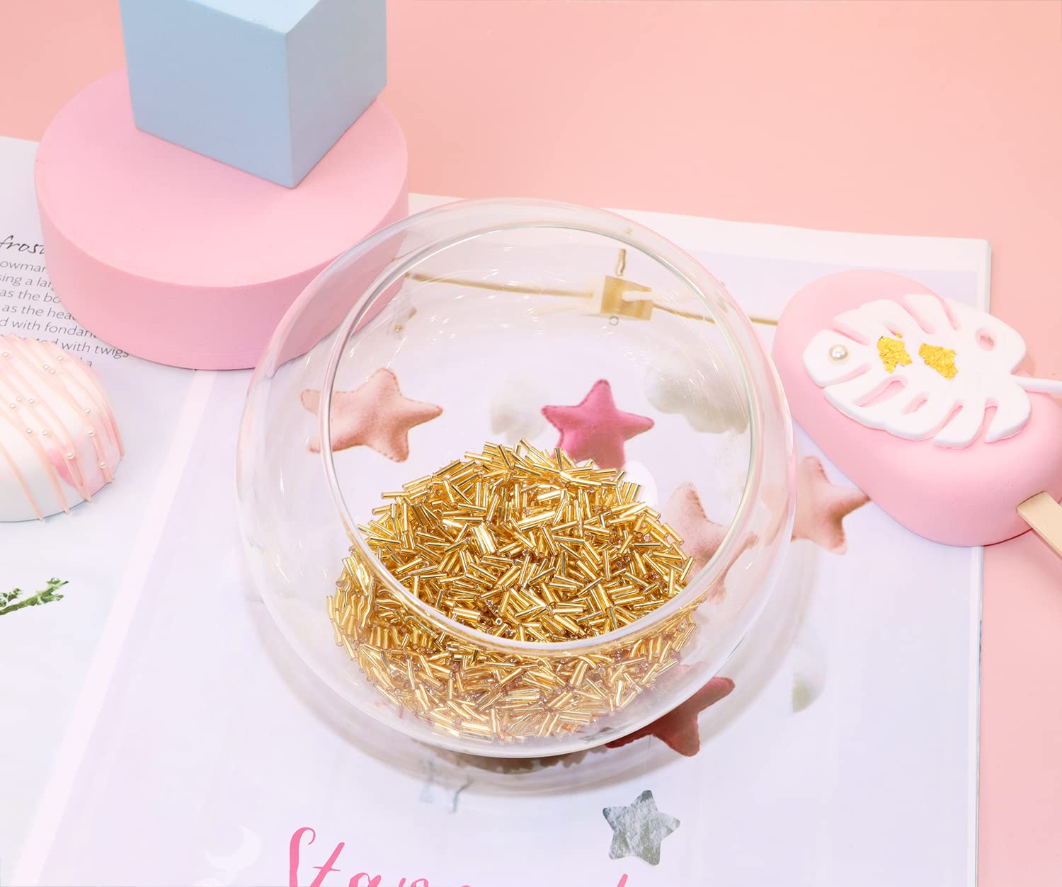1100Pcs Glass Bugle Beads Penta Angel - 50g Mini Long Tube Seed Beads 2×6mm Small Craft Loose Spacer Beads for Jewelry Making (Gold) | Perfect for DIY Earrings, Bracelets, Necklaces & Waist Beads Jewelry Projects