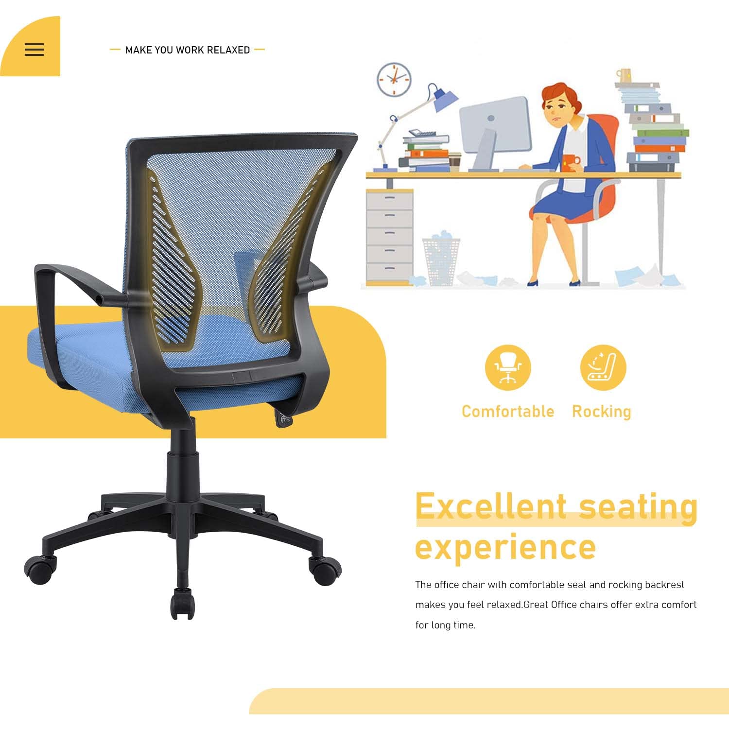 Ergonomic Mesh Office Chair with Lumbar Support - Mid Back Swivel Rolling Computer Desk Chair for Home & Office - Adjustable Armrests, Breathable Design (Blue) - Perfect for Long Work Hours & Gaming Sessions