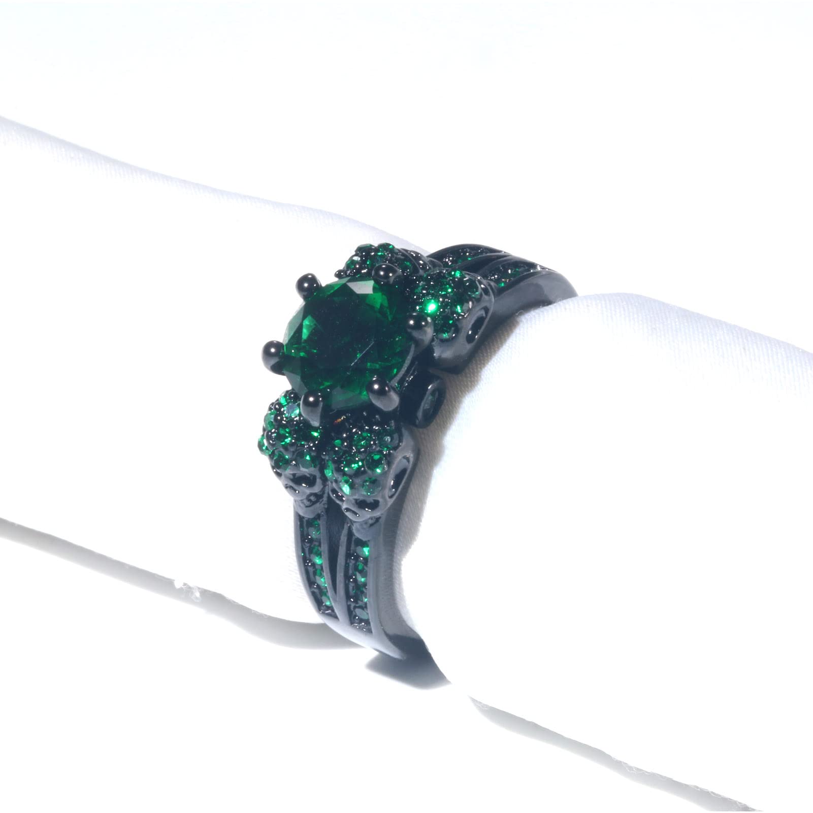 Matching Couple Skull Rings with Green CZ Stones - Gothic Wedding Band Set for Him and Her - Perfect for Anniversaries, Engagements, and Alternative Weddings