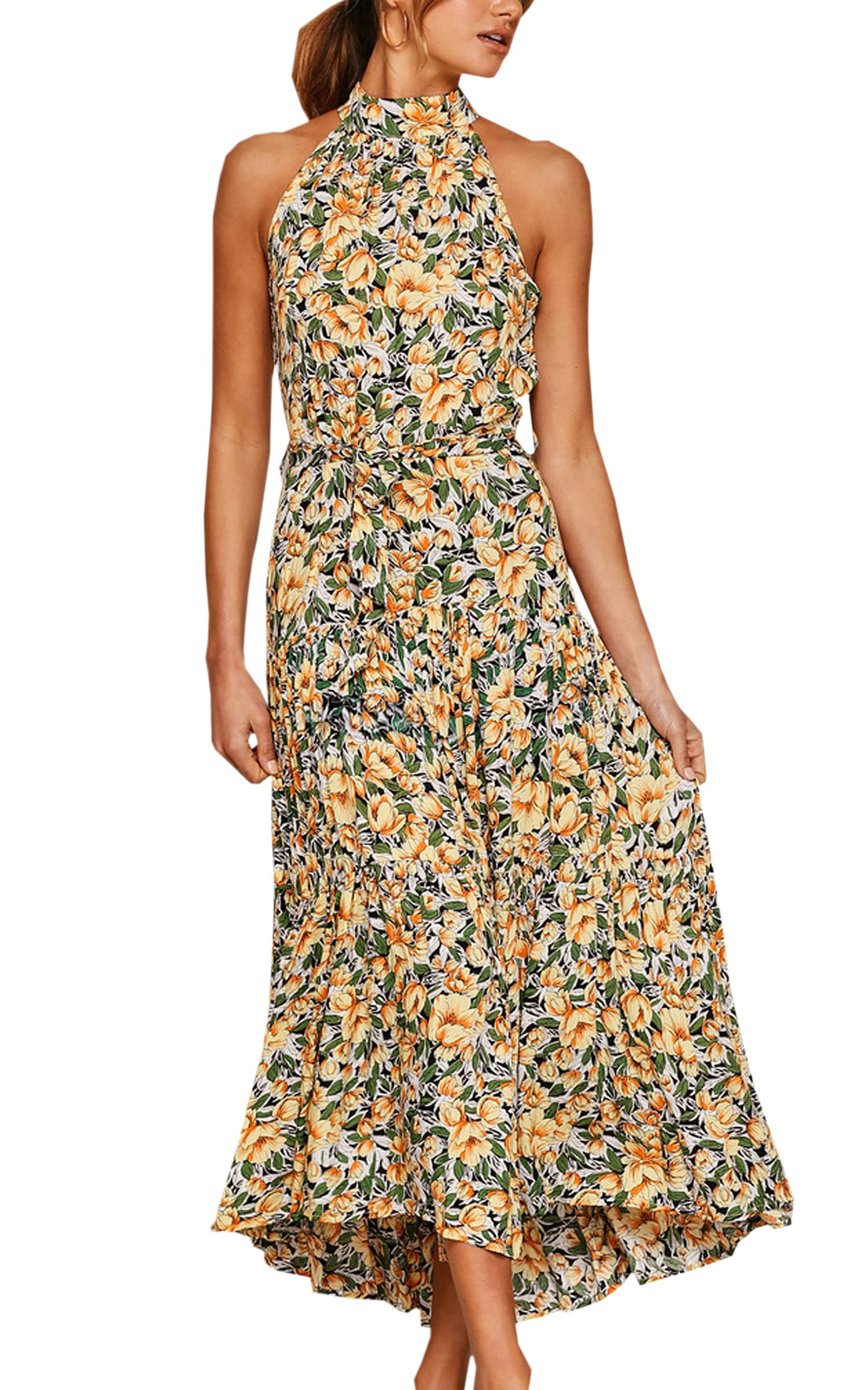 ECOWISH Women's Summer Dresses 2023 - Boho Floral Maxi Sun Dress with Halter Neck, Flowy Beach Party & Prom Dress for Women | Perfect for Vacations, Weddings & Outdoor Events