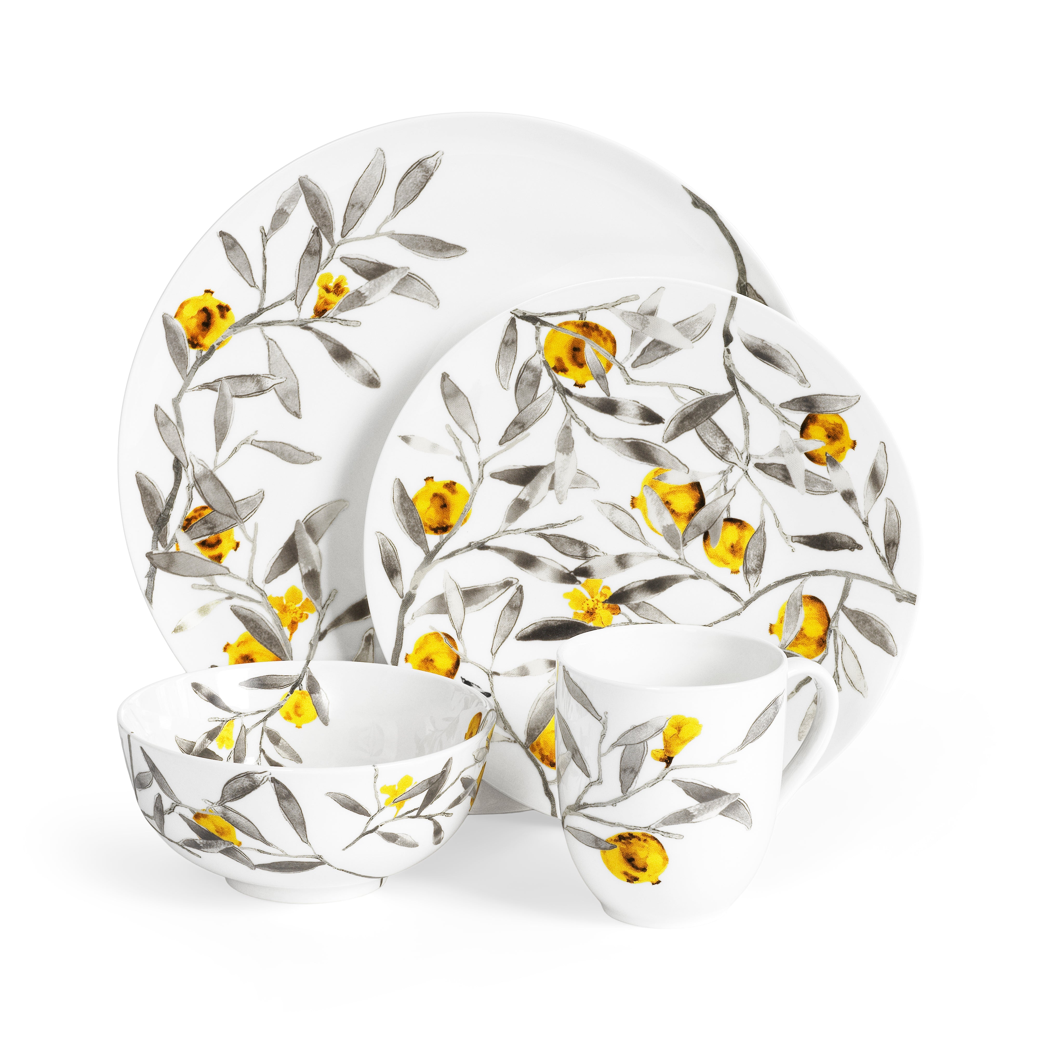 Premium Pomegranate Pattern Dinnerware Set - Elegant Porcelain Plates, Bowls & Mugs for Home Dining, Parties & Gifts - 16-Piece Service for 4