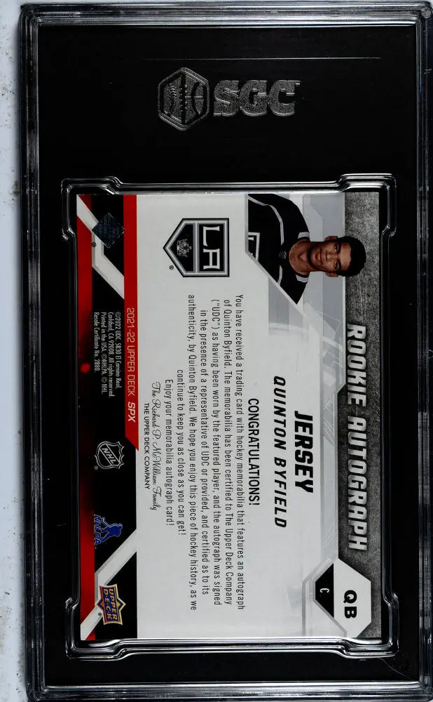 2021-22 Upper Deck SPX Hockey Quinton Byfield Rookie Autographed Jersey Card SGC 9/75 - Collectible Sports Memorabilia for Hockey Fans & Card Collectors