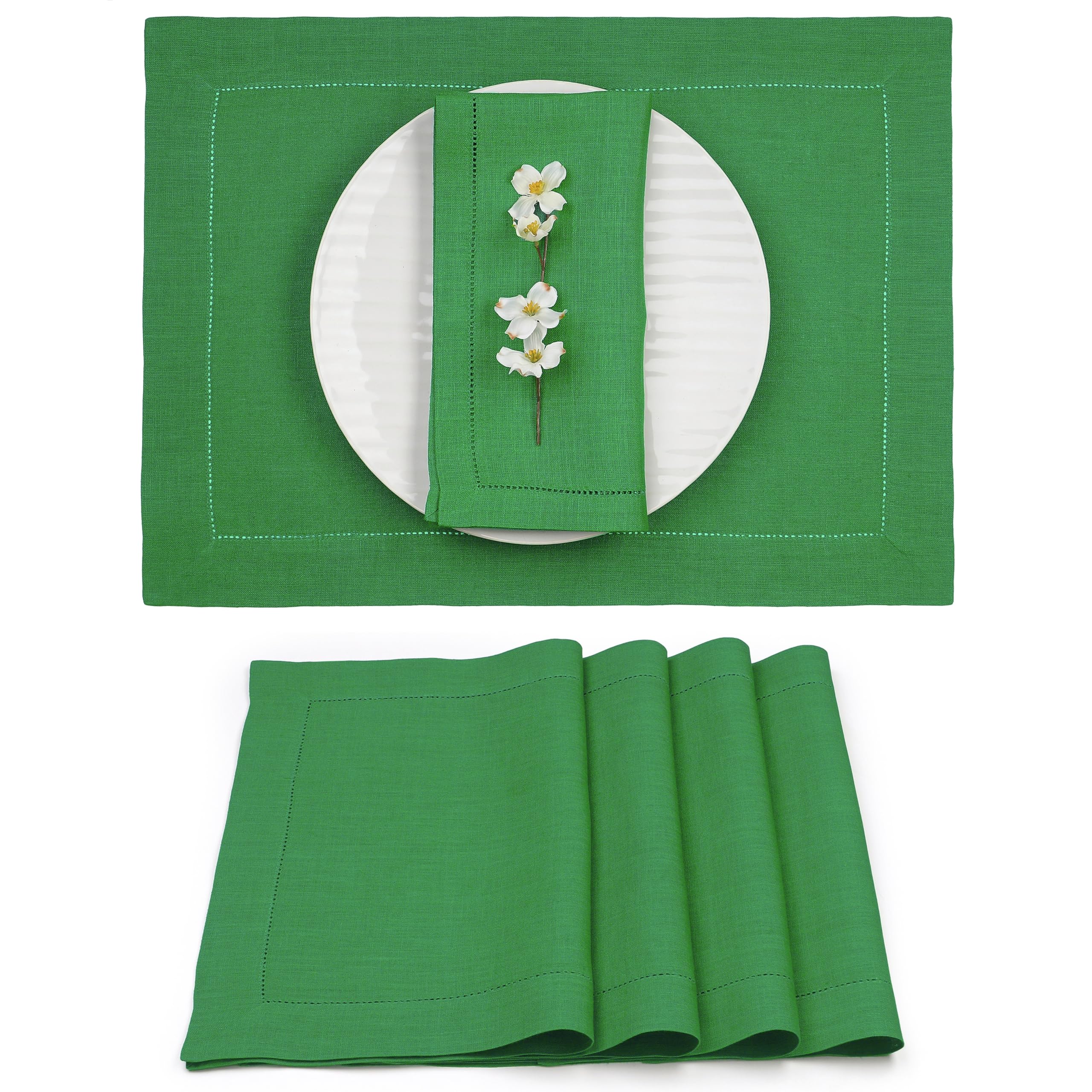 D'Moksha Homes 4-Pack 100% Pure Linen Placemats - 14x19 Inch Kelly Green Table Mats with Classic Hemstitch, Washable & Durable for Dining Table Decor - Perfect for Spring Parties, Easter Brunch & Farmhouse Style Dining