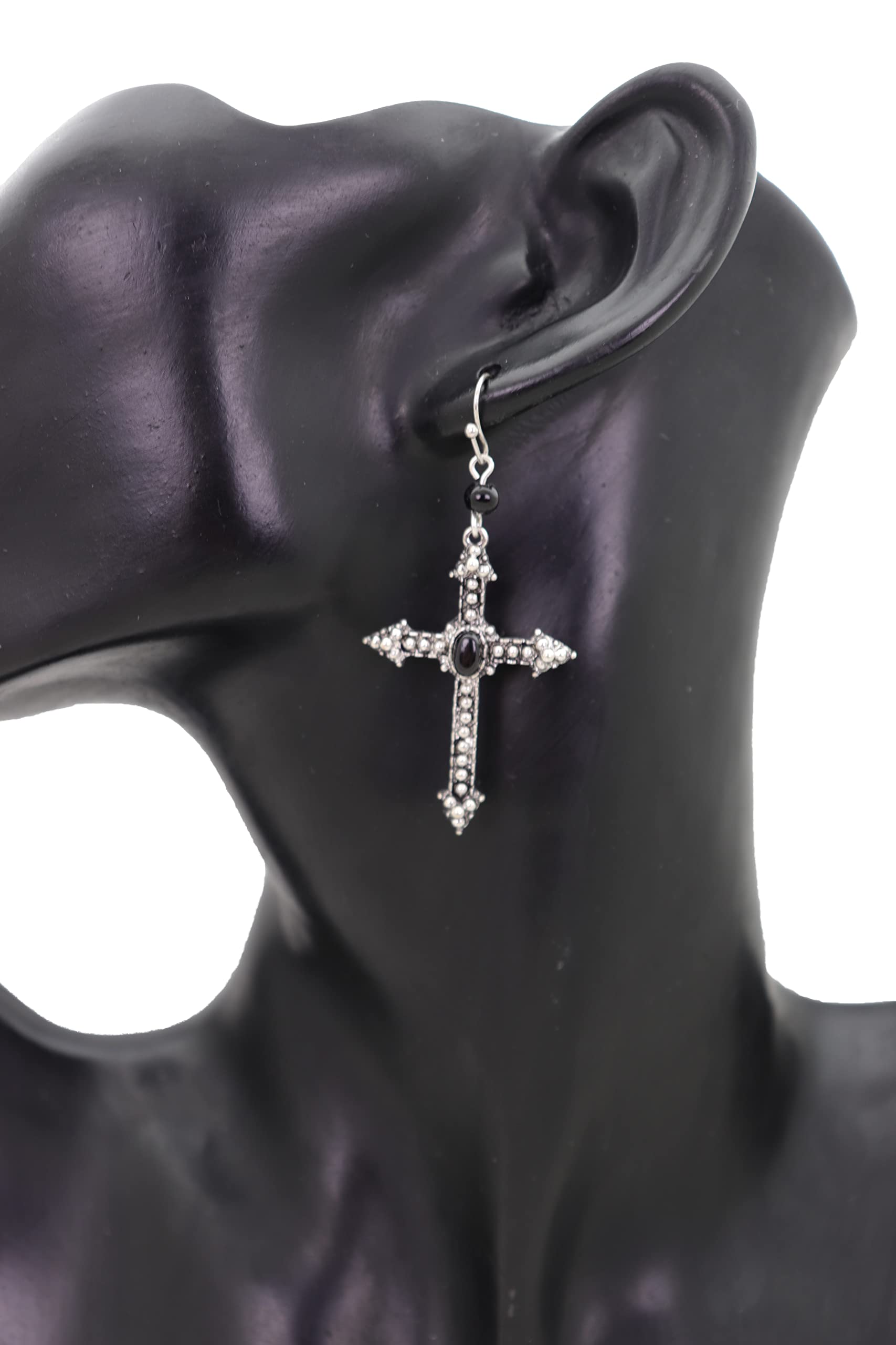Antique Silver Christian Cross Hook Earrings for Women - Gothic Punk Fashion Jewelry - Perfect for Parties, Concerts, and Everyday Wear