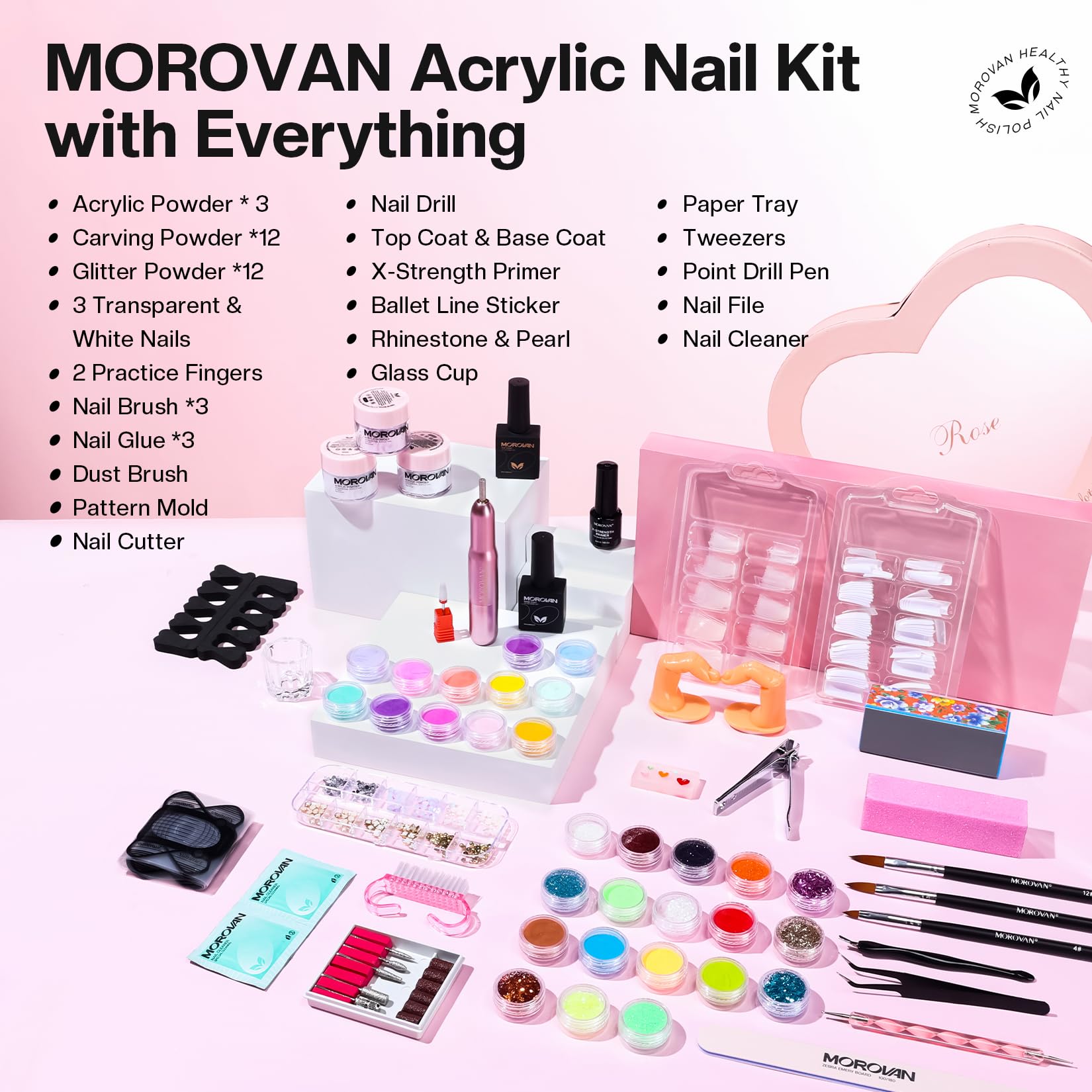 Morovan Professional Acrylic Nail Kit for Beginners - Complete Starter Set with Acrylic Powder & Glitter for Nail Extensions & Salon-Quality Manicures | Perfect for Home Use, DIY Nail Art & Professional Nail Technicians