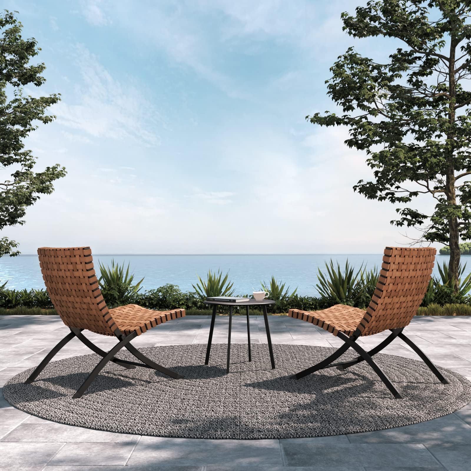 3-Piece Leather Texture Wicker Patio Furniture Set - Foldable Outdoor Lounge Chairs with Side Table for Balcony, Garden, Poolside & Backyard Relaxation
