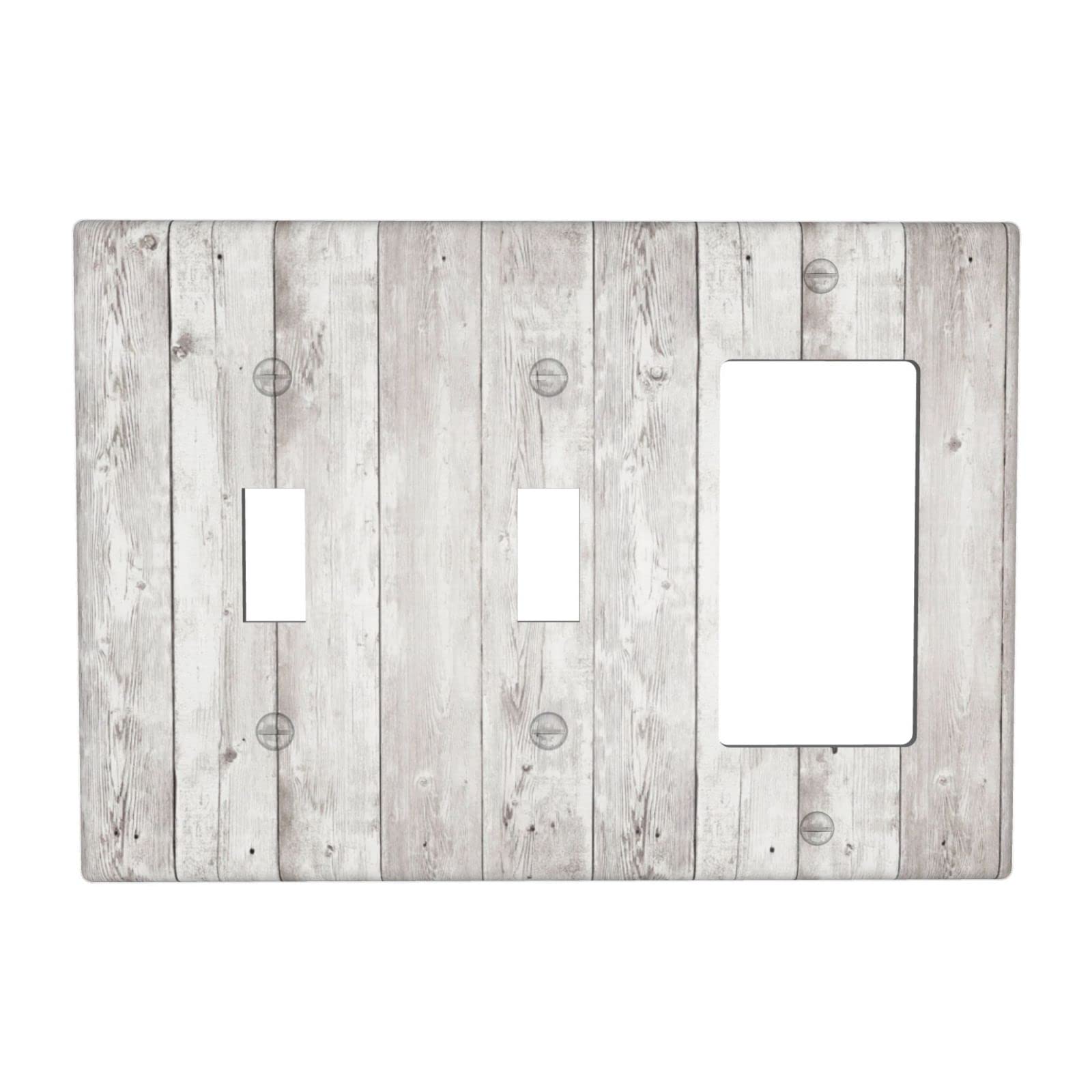 Rustic White Wood 3-Gang Wall Plate Cover - 2 Toggle & 1 Rocker Switch Plate - Decorative Light Switch Cover for Bathroom, Bedroom, Living Room - 4.5
