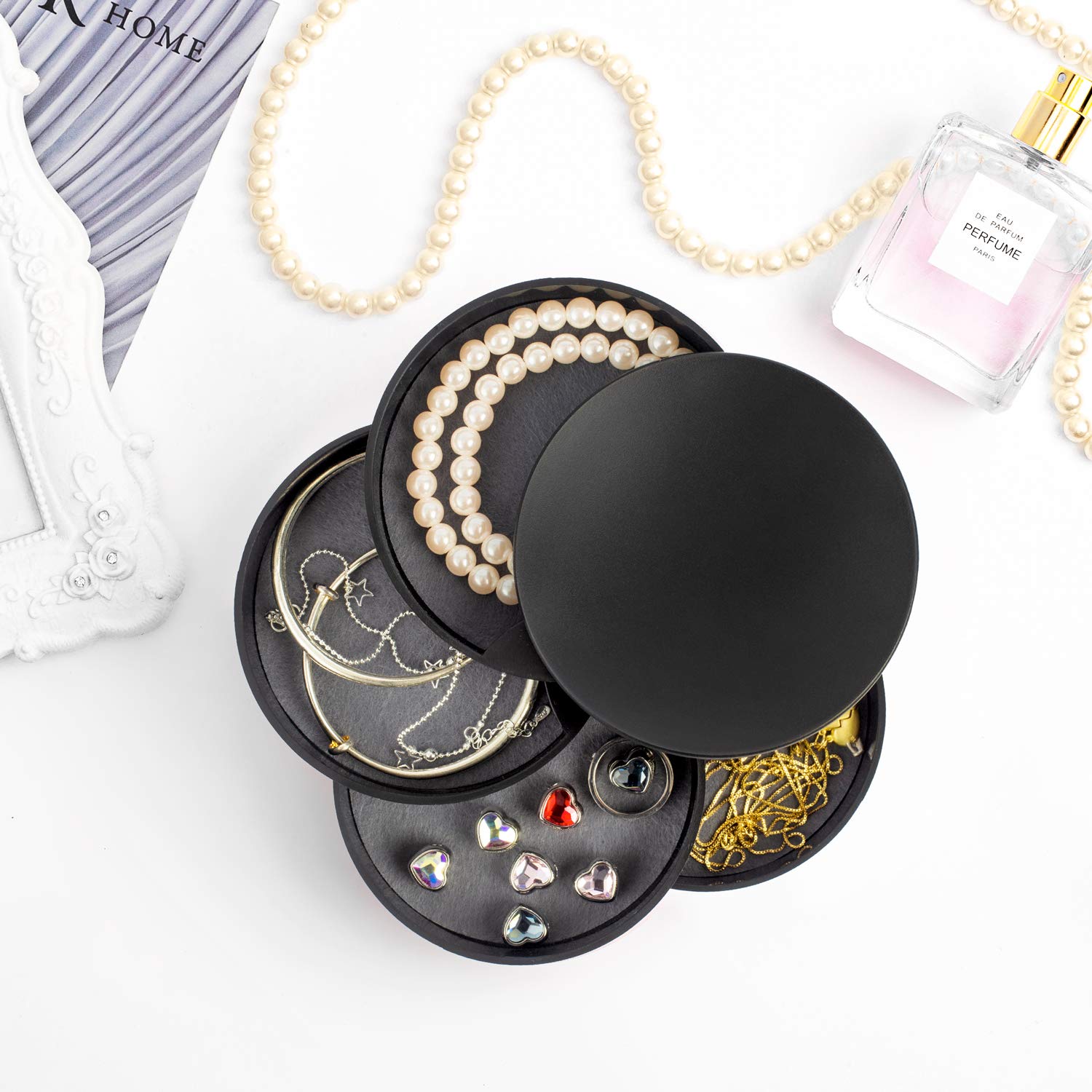 HengLiSam 4-Layer Rotating Jewelry Organizer Box with Lid - Portable Jewelry Storage Case for Earrings, Rings, Bracelets & Accessories | Perfect for Travel, Home Vanity & Gift Giving