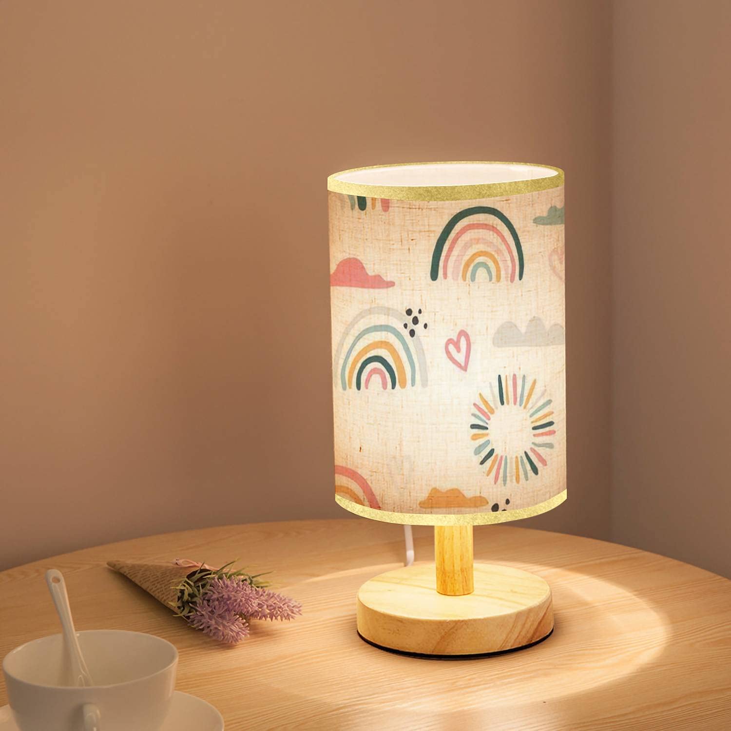 Minimalist Wooden Bedside Table Lamp with Hand-Drawn Rainbow & Sun Design - Natural Flaxen Fabric Shade for Nightstand, Desk, Bedroom & Living Room - Perfect for Nursery Decor, Cozy Reading Nook & Modern Home Lighting