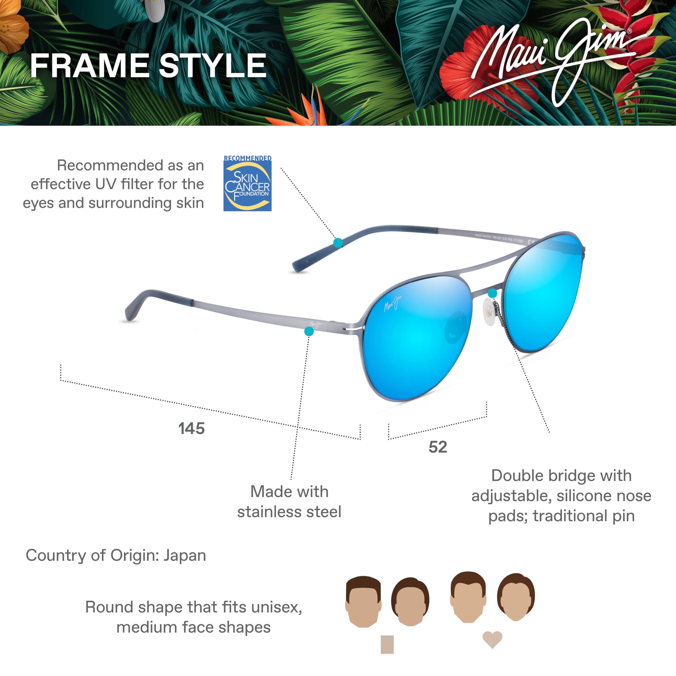 Maui Jim Half Moon Round Polarized Sunglasses for Men & Women - UV Protection, Stylish Aviator Shades for Driving, Beach & Outdoor Activities