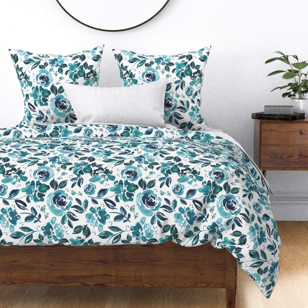 Custom Watercolor Teal Aqua Blue Floral Duvet Cover - Twin Size Cotton Sateen Bedding Set | Spring Garden Blooms Print | Perfect for Guest Rooms, Kids' Bedrooms & Boho Chic Decor