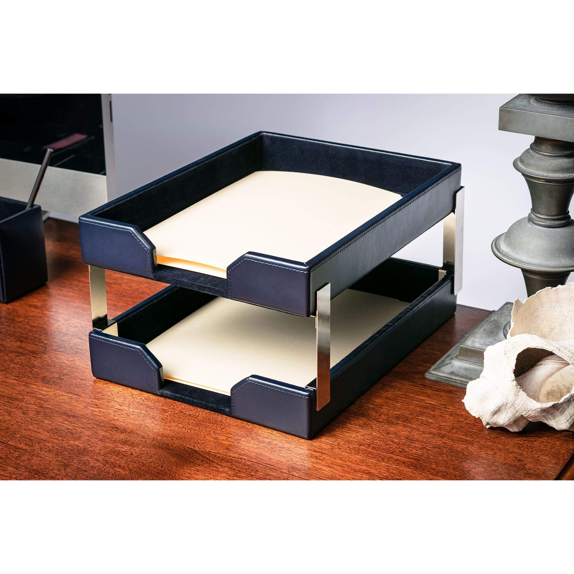 Dacasso Navy Blue Bonded Leather Double Letter Tray Organizer - Office Desk File Holder for Documents, Mail, and Papers - Perfect for Home, Office, or Workspace Organization