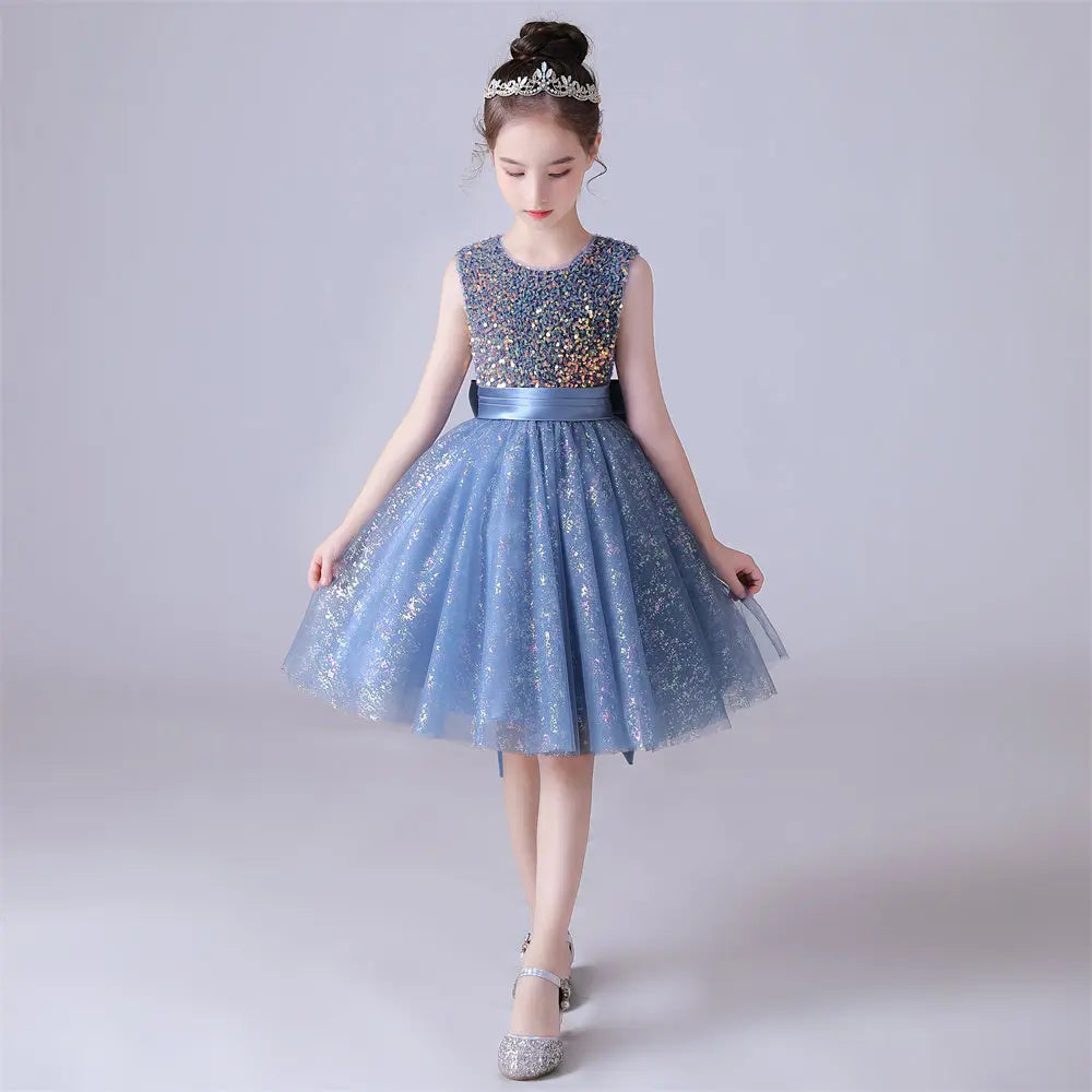 Adorable Sleeveless Flower Girl Dress in Blue Tulle with Sequin Embellishments - Perfect for Weddings, Baptisms & Special Occasions