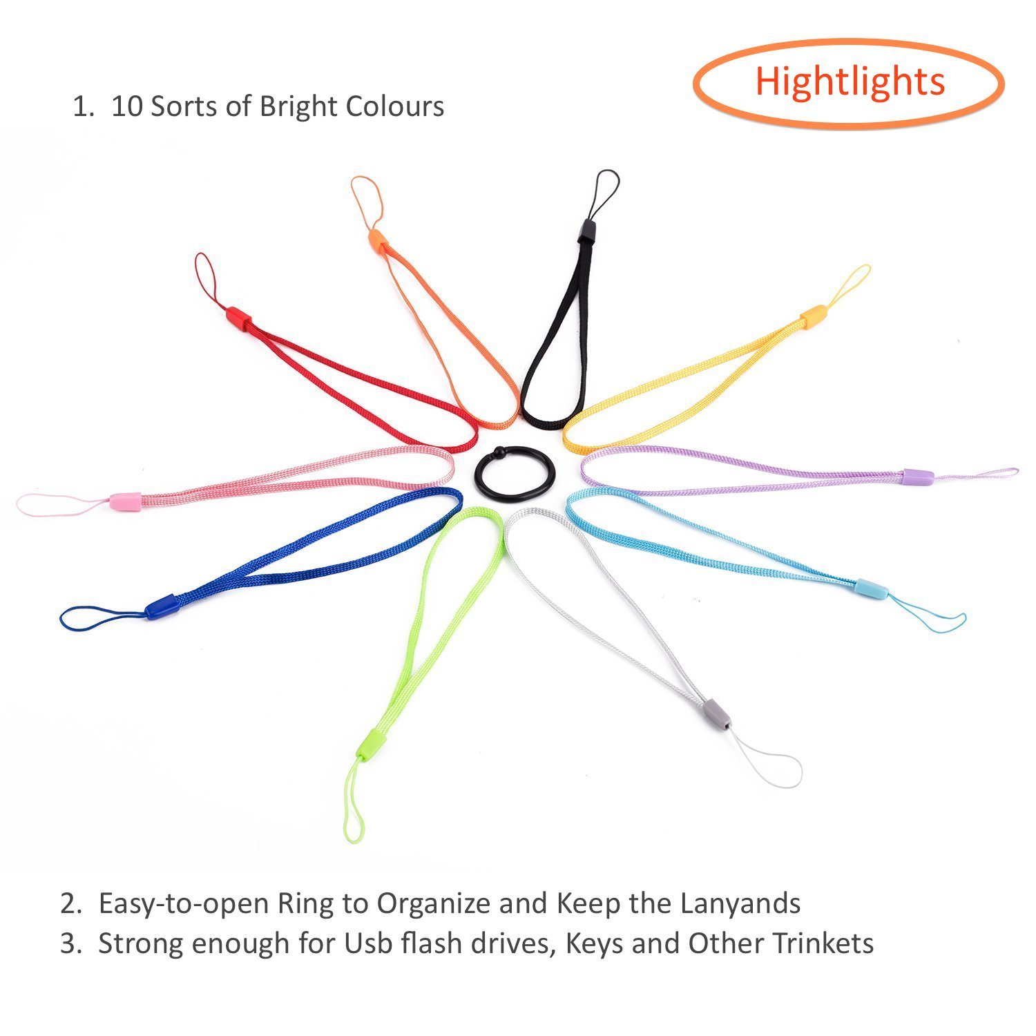 Enfain Lightweight Bracelet Straps for USB Drives - 10-Pack Colorful Hand Grip Lanyards for Office & Travel