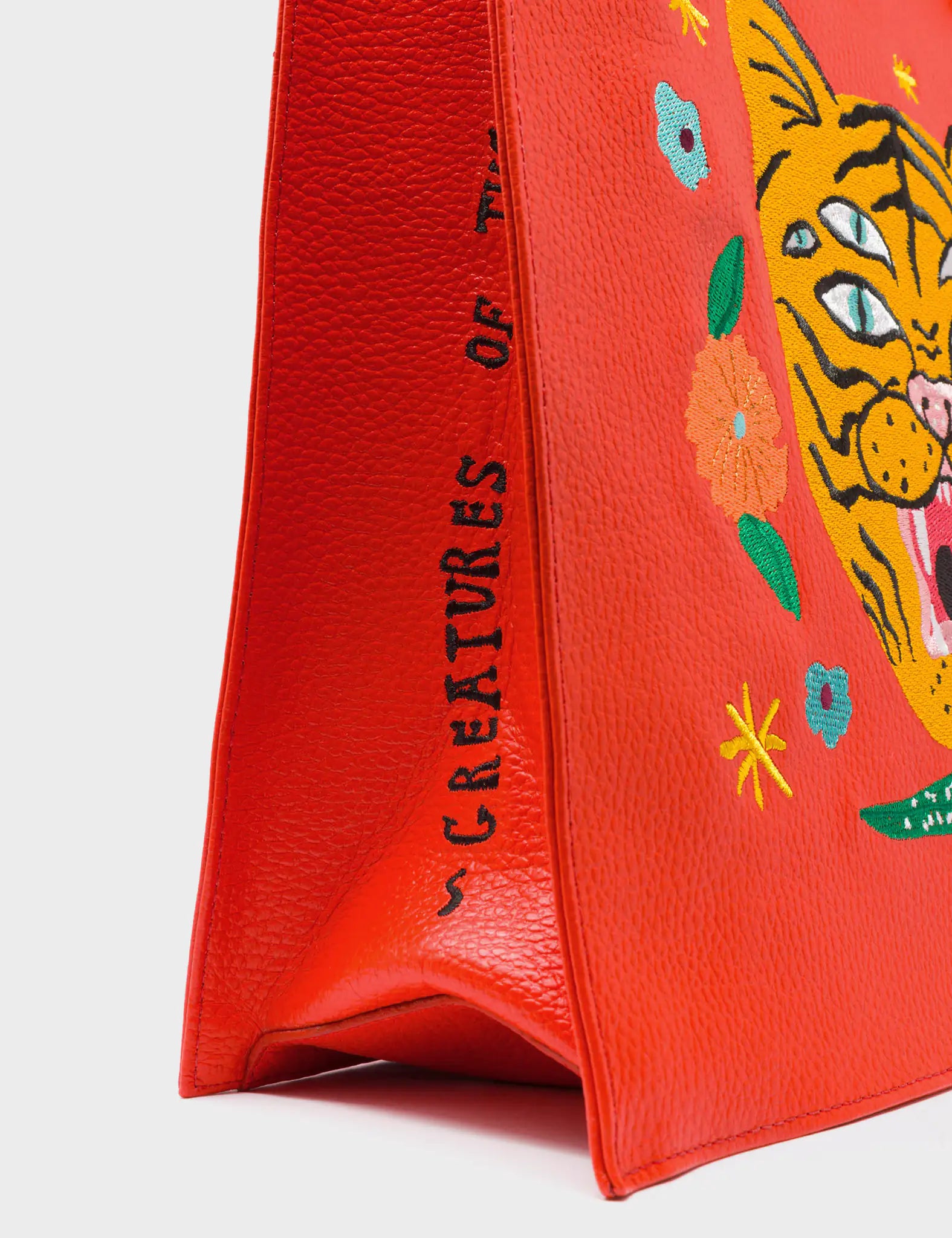 Marko Fiesta Red Leather Tote Bag with Tiger and Flowers Embroidery - Stylish Women's Handbag for Work, Travel & Everyday Use