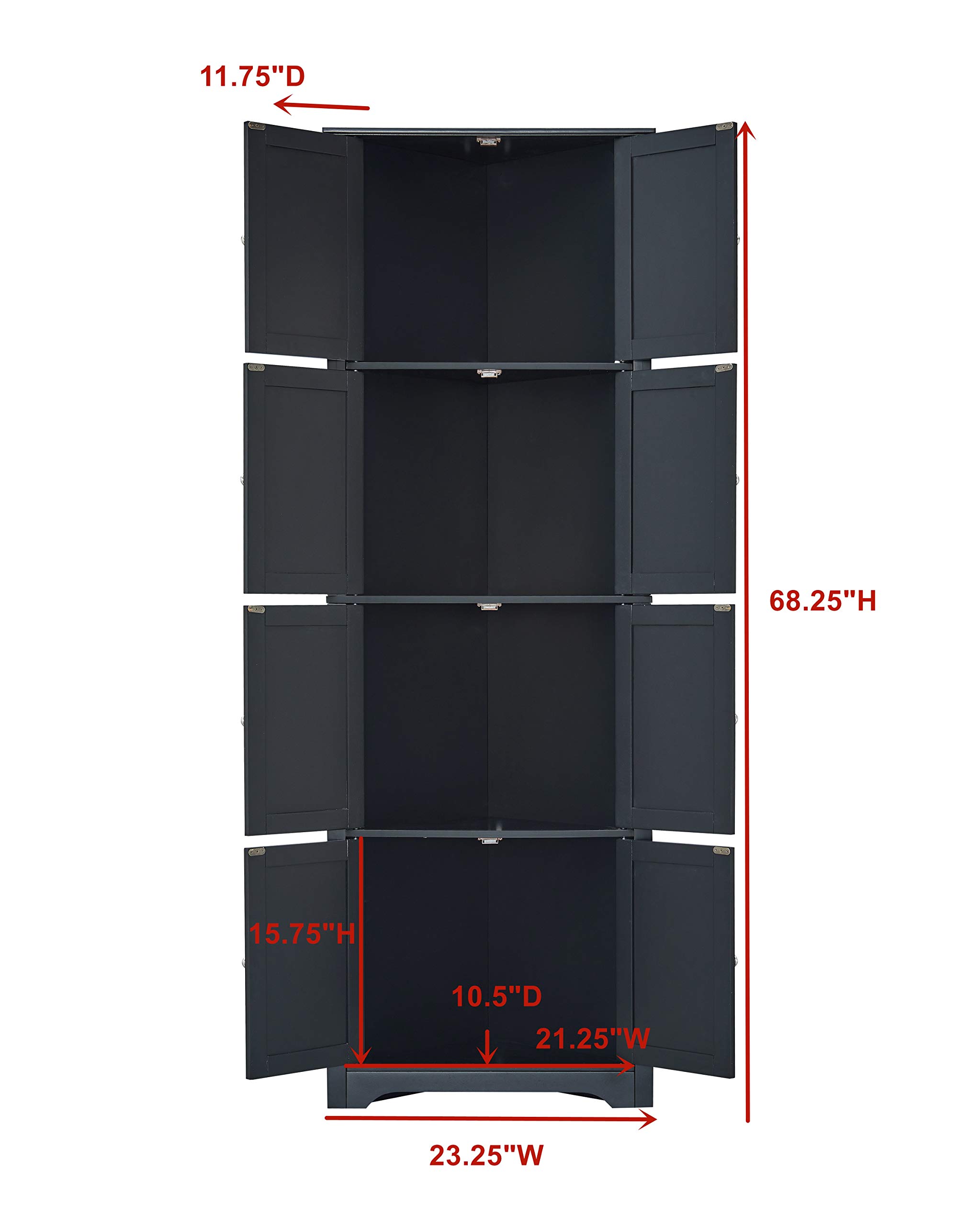 Kings Brand Lyons 68-Inch 4-Tier Corner Kitchen Pantry Cabinet with 8 Doors - Black | Space-Saving Storage Solution for Small Kitchens & Dining Rooms