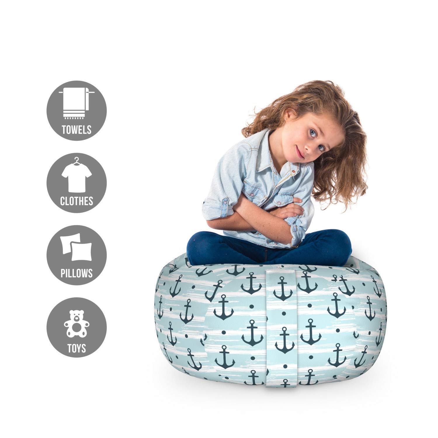 Ambesonne Anchor Storage Toy Bag Chair - Modern Striped Coastline Marine Design, Washable Stuffed Animal Organizer, Small Size in Pale Blue & Dark Green | Perfect for Kids' Room, Nursery, Playroom & Beach House Decor