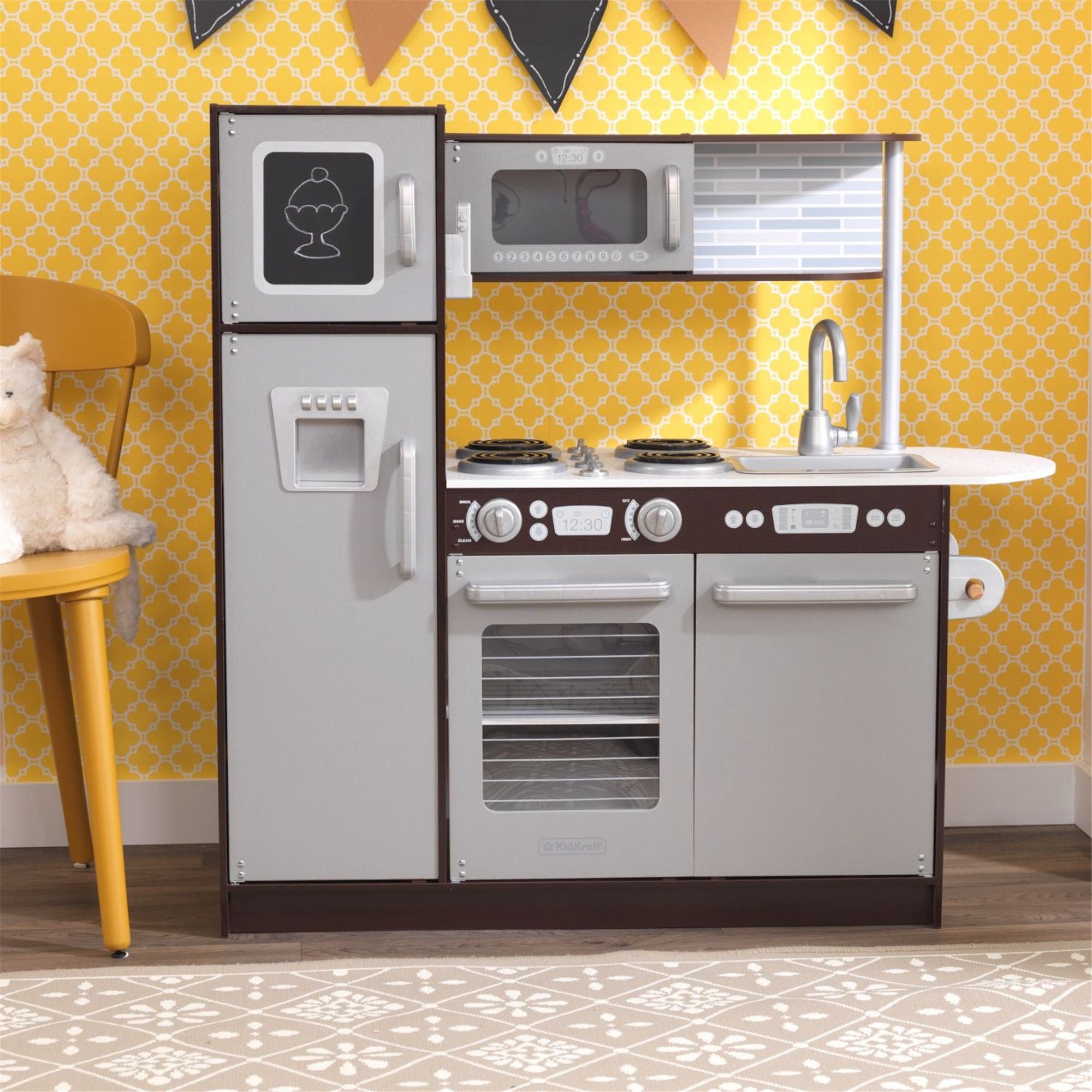 KidKraft Uptown Espresso Wooden Play Kitchen for Kids - Pretend Cooking Toy with Sink, Stove & Accessories - Perfect for Imaginative Play, Preschool Learning & Birthday Gifts
