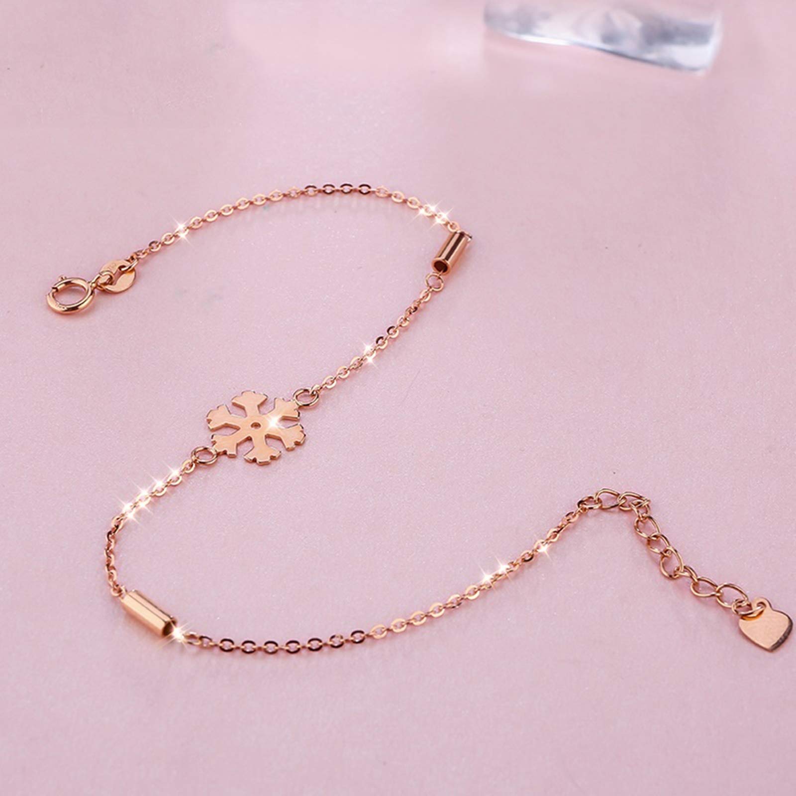 18K Rose Gold Bracelet for Women - Elegant Snowflake & Bar Charm Bridesmaid Jewelry, Adjustable 16cm+2cm Rolo Chain - Perfect for Weddings, Anniversaries & Special Occasions