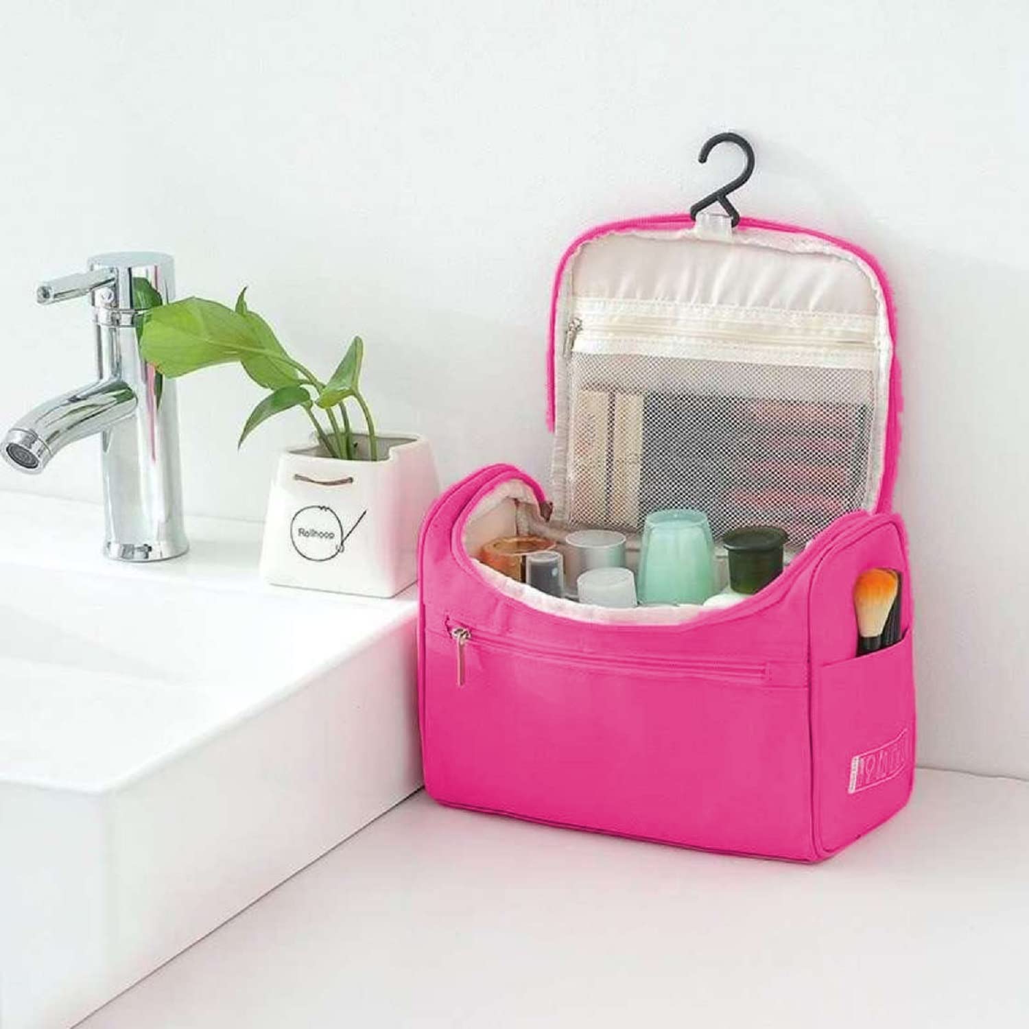 WOX MOX Hanging Travel Toiletry Bag for Women & Men - Pink Cosmetic Makeup Organizer | Perfect for Vacation, Gym, Camping & Business Trips