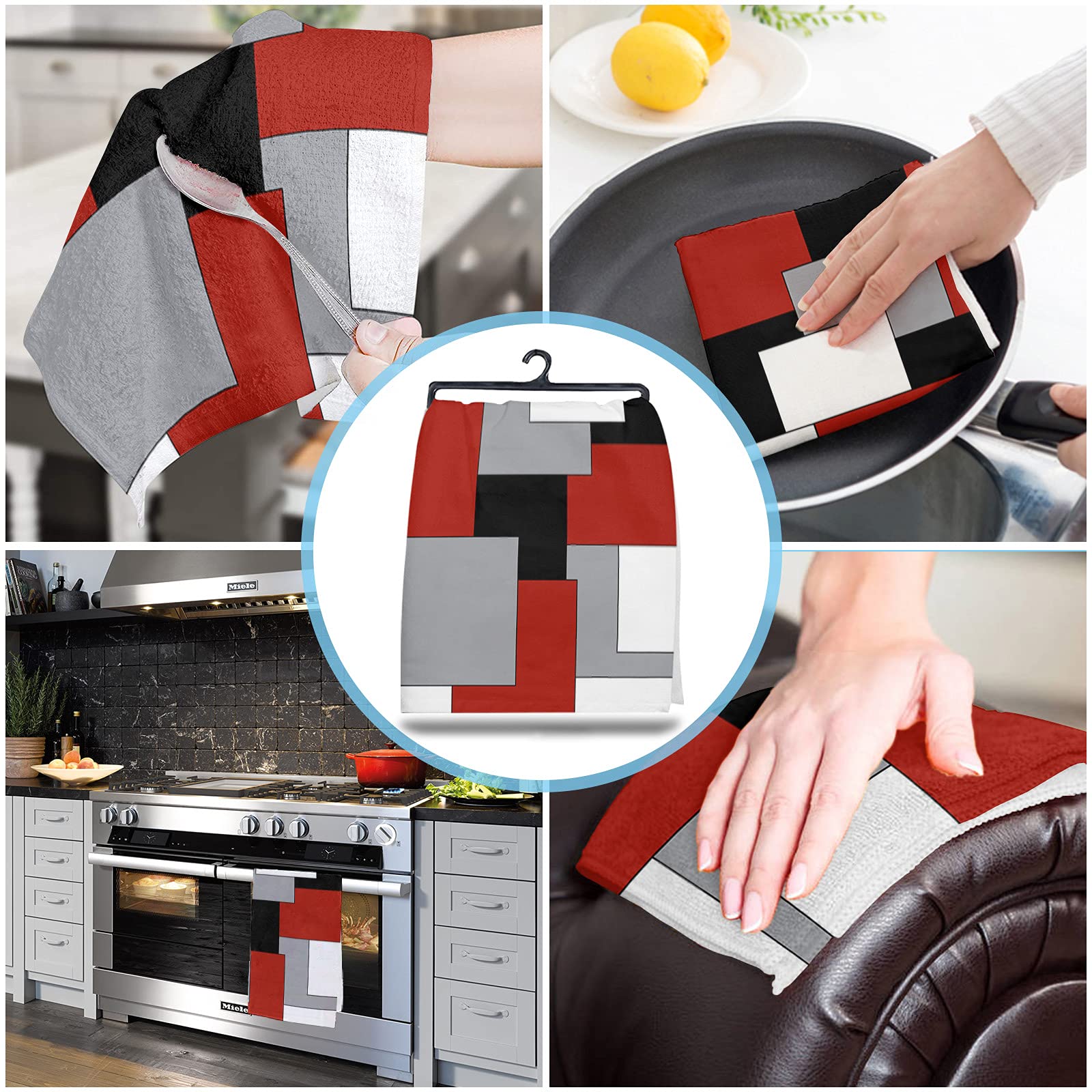 Geo Kitchen Towels Set of 3 - 16x28 Inch Soft Cotton Dish Cloths with Abstract Geometric Pattern in White, Grey, Black & Red - Multipurpose Tea Towels, Bar Towels & Hand Towels for Kitchen, Dining & Hosting