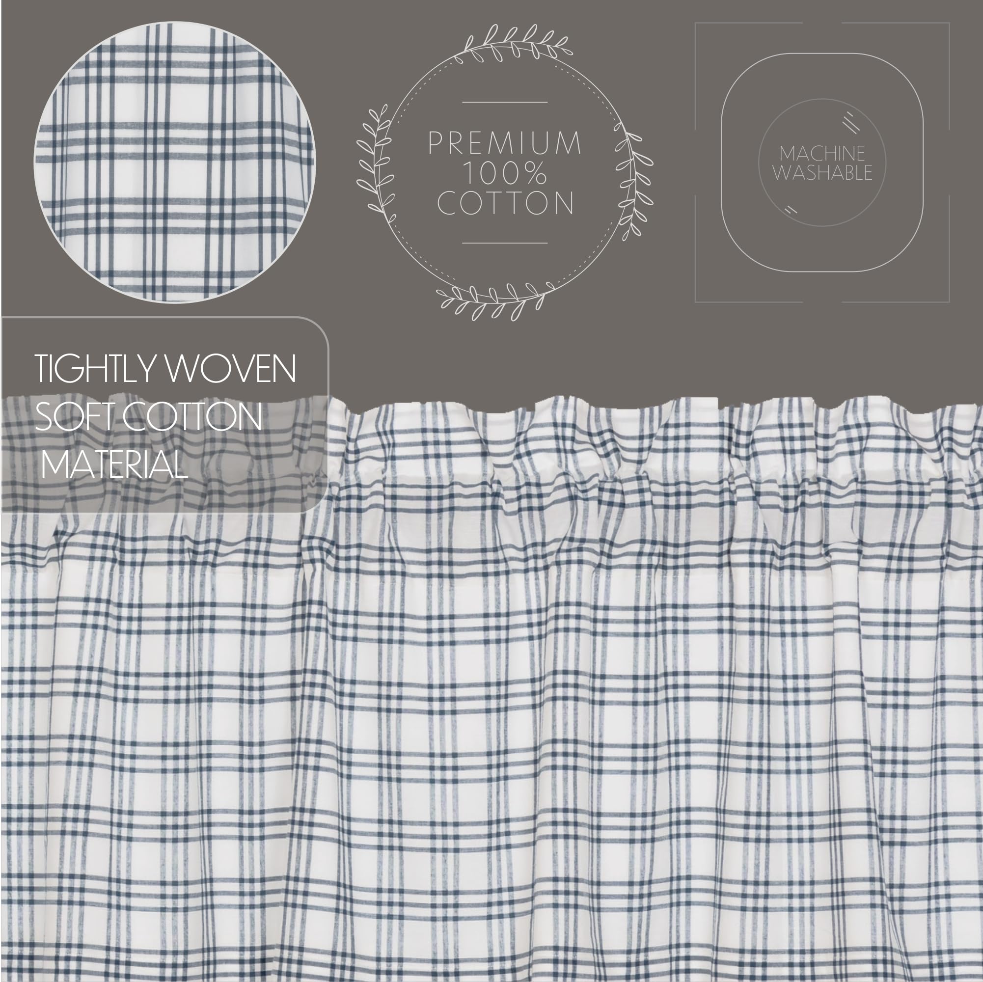 Sawyer Mill Plaid Cotton Farmhouse Curtains - Rod Pocket & Drawstring Ties Prairie Panel Pair in Blue | Rustic Window Treatments for Living Room, Bedroom & Kitchen Decor