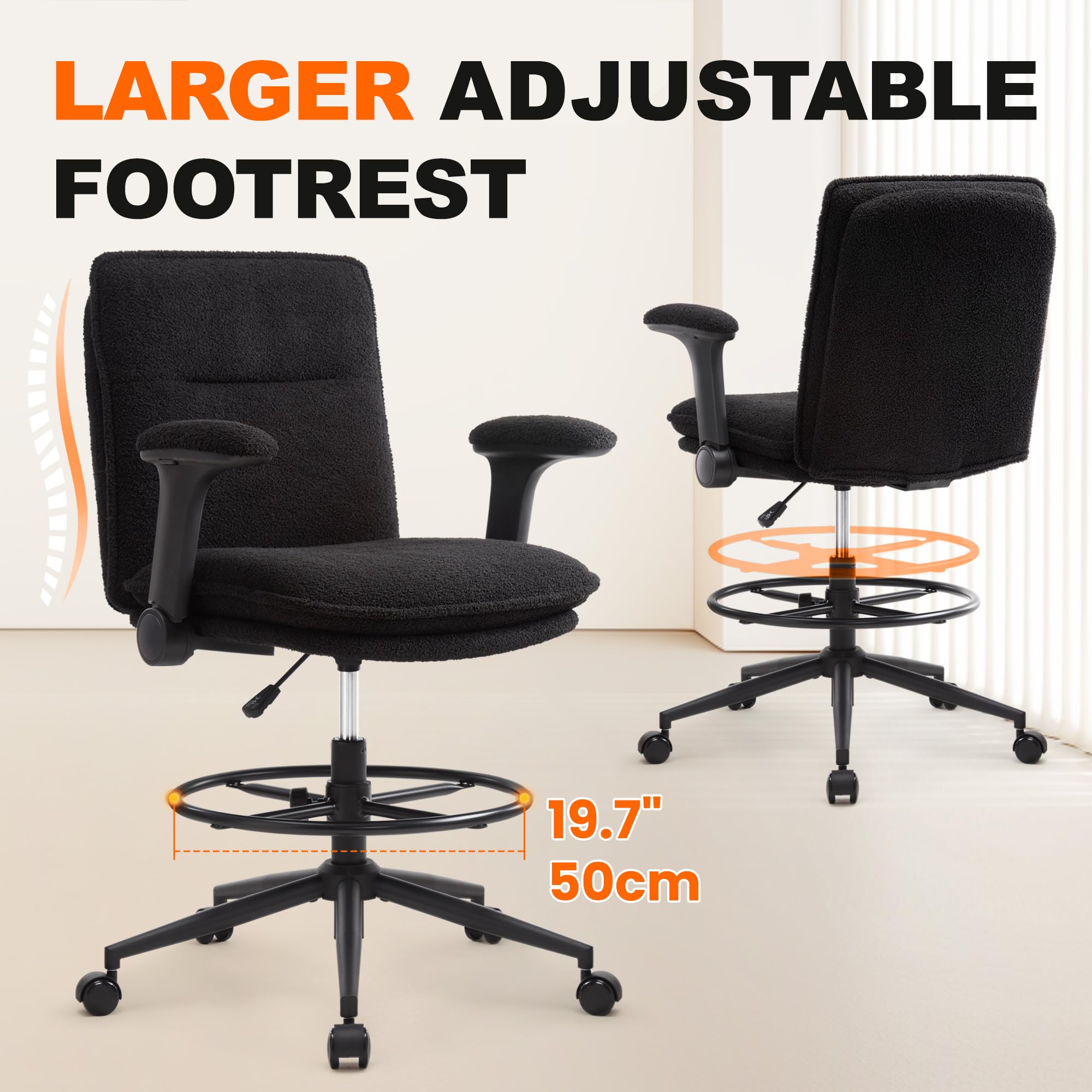 Ergonomic Adjustable Height Drafting Chair with Padded Armrests & Footrest Ring - Tall Office Stool for Standing Desk, Computer Work & Counter Height Tables - Perfect for Home Office, Architects & Artists (Black)