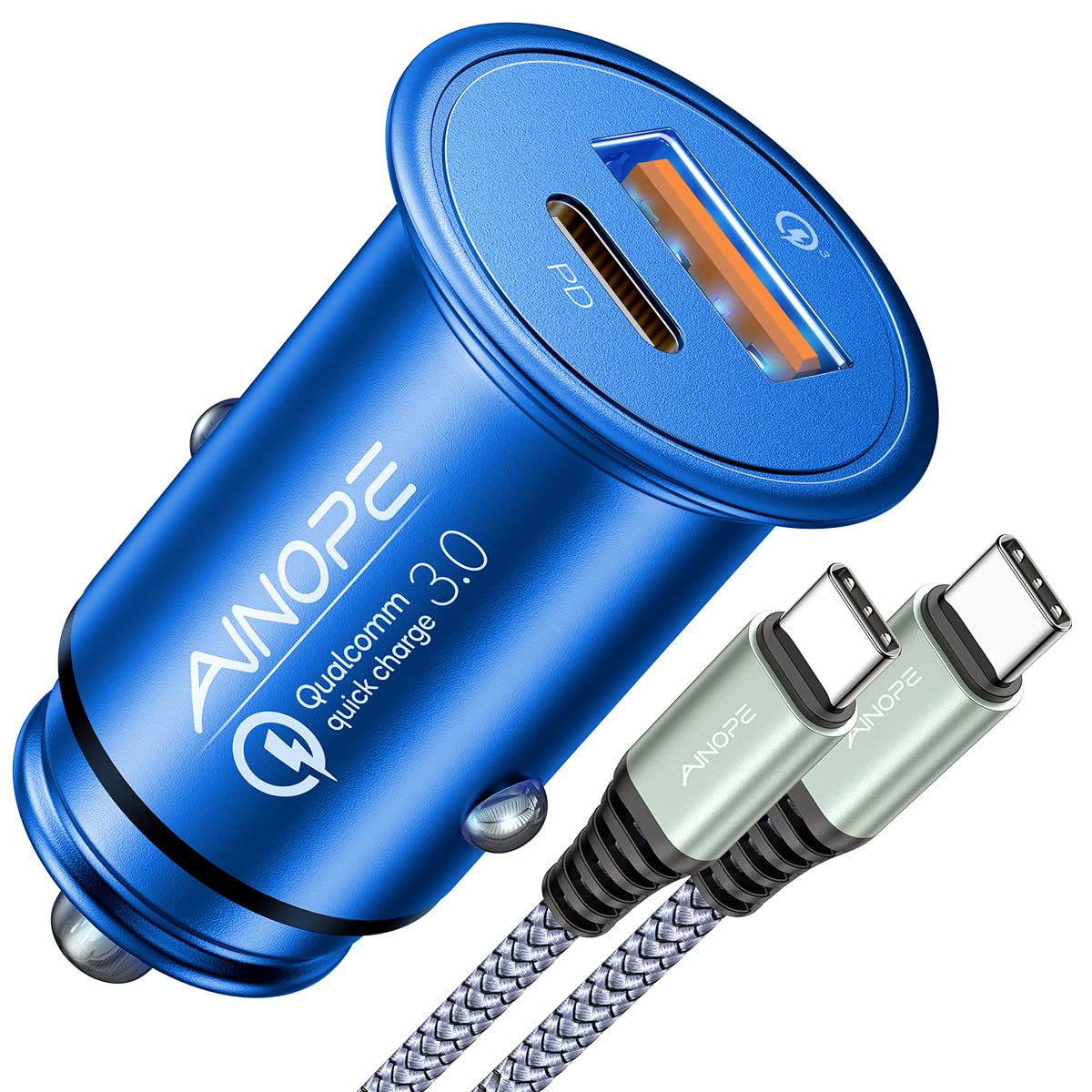AINOPE 67.5W Fast Car Charger with Dual USB-C Ports - QC3.0 Quick Charge Cigarette Lighter Adapter - Compact iPhone 16/15 & Samsung Galaxy Android Car Charger (Blue) - Perfect for Road Trips & Daily Commute