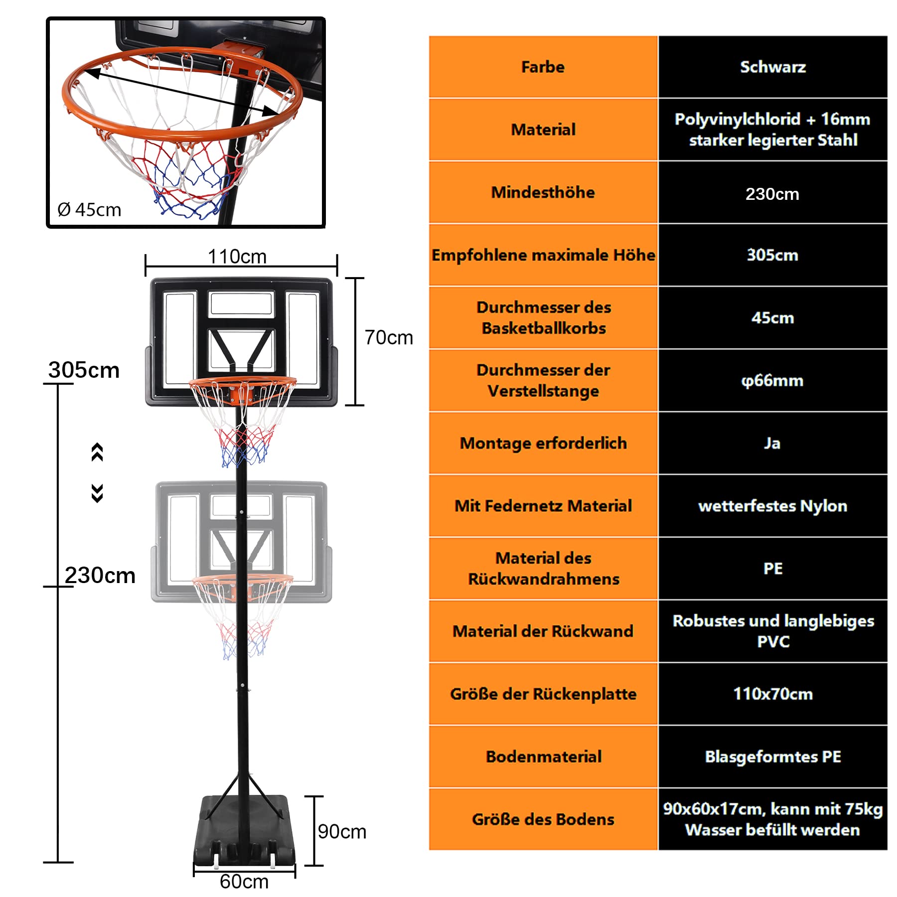 Adjustable Height 230-305cm Indoor/Outdoor Basketball Hoop Stand with Pump & 2 Basketballs - Portable Basketball Goal System for Kids & Adults - Perfect for Driveway, Backyard, and Gym Practice
