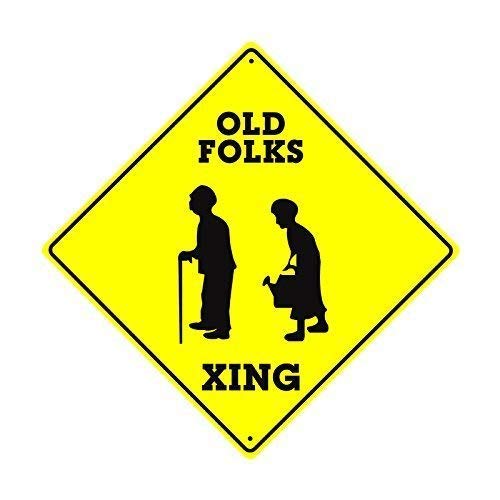 Funny Old Folks Xing Road Sign - Yellow Diamond Aluminum Metal Sign for Home & Office Decor - 12x12 Inch - Perfect for Garage, Man Cave, or Retro Themed Rooms