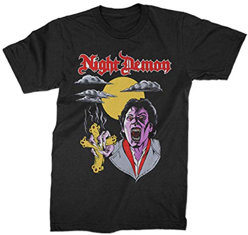 Night Demon Men's Fright Night Horror Graphic T-Shirt - Black Cotton Tee for Halloween, Cosplay & Metal Concerts