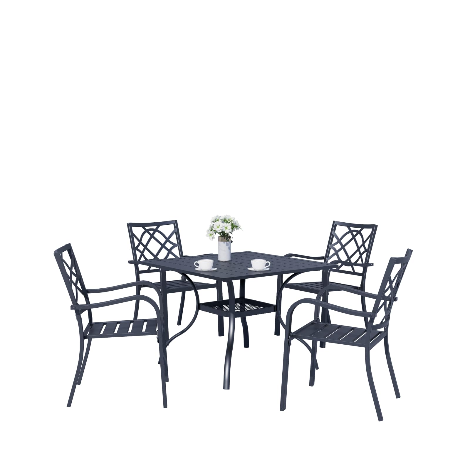 Oakcloud 5-Piece Outdoor Dining Set - Black Metal Patio Furniture with 4 Stackable Chairs & Square Table (Umbrella Hole Included) - Perfect for Backyard, Garden, Poolside & BBQ Gatherings