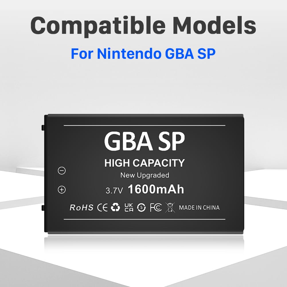 Upgraded 1600mAh Rechargeable Lithium-ion Battery Pack for Gameboy Advance SP (GBA SP) - Replacement Battery for AGS-001 & SAM-003 Models with Tool Kit - Perfect for Gaming On-The-Go & Retro Console Enthusiasts