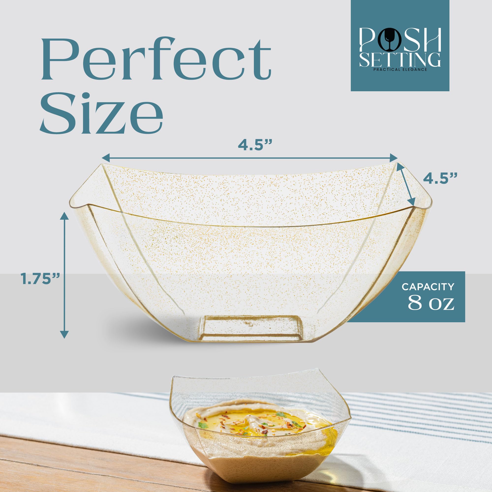 Gold Glitter Plastic Serving Bowls - 8oz Square Disposable Party Bowls (4 Pack) - Perfect for Chips, Candy Buffet, Salads & Party Table Decor - Elegant & Convenient for Weddings, Baby Showers & Birthday Celebrations