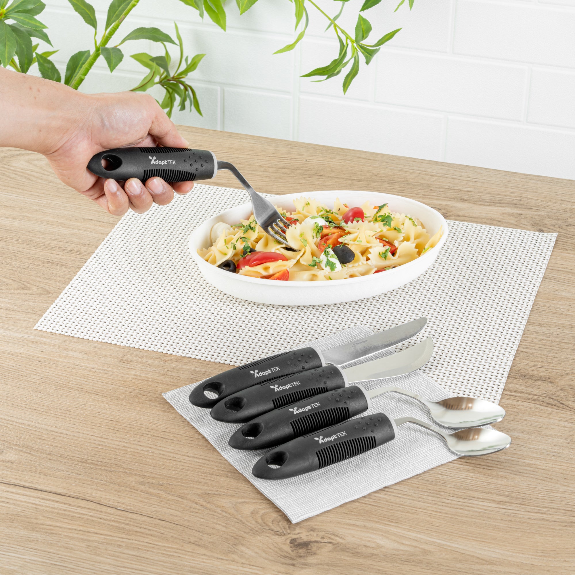 Adapt Tek Black Stainless Steel 5-Piece Adaptive Offset Utensil Set for Left-Handed Users - Lightweight, Non-Slip Grip, Ergonomic Design - Ideal for Arthritis, Limited Mobility & Elderly Care (1 Count) - Perfect for Cooking, Dining & Assisted Living