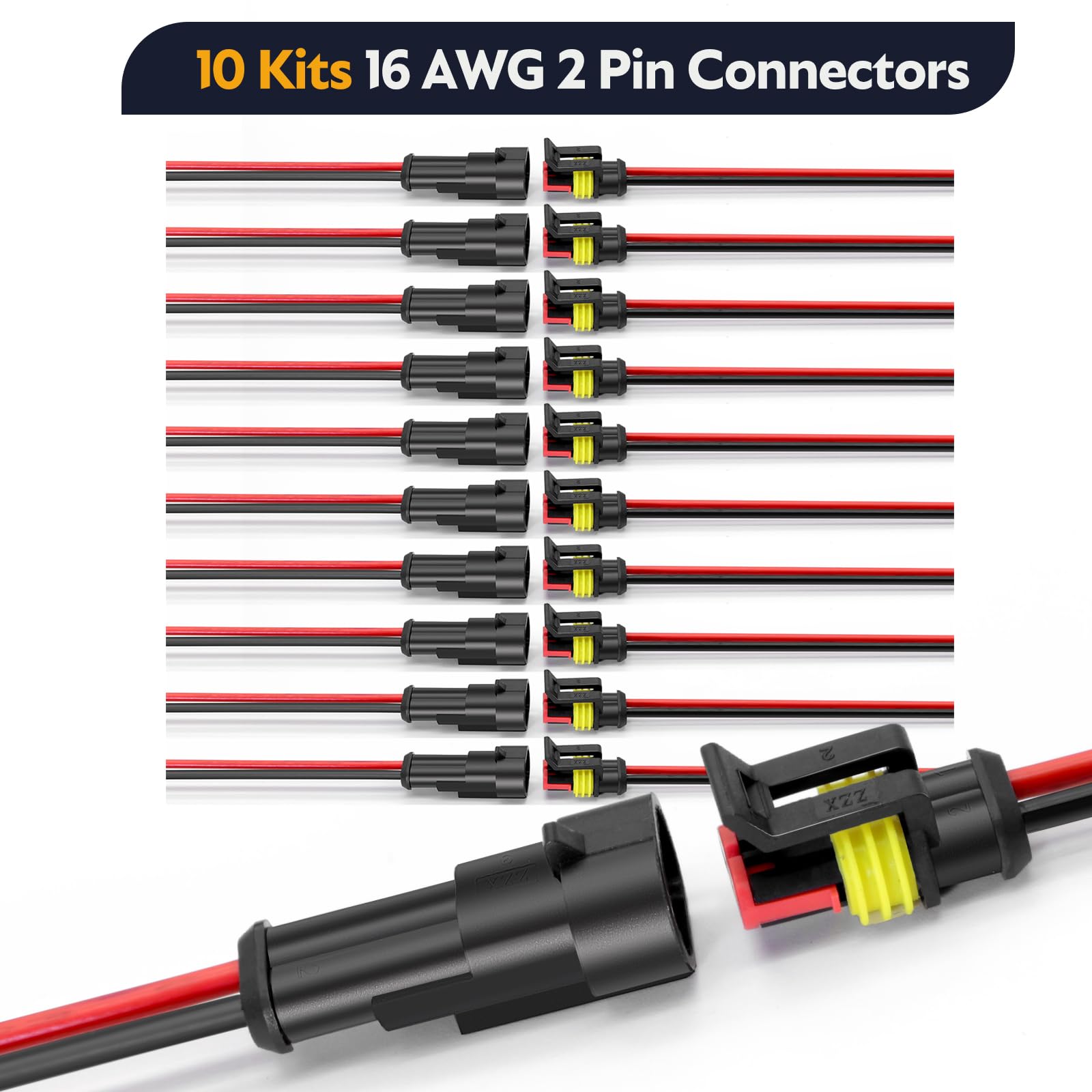 10 Pack 16 AWG 2 Pin Waterproof Electrical Connectors Kit - Automotive Wire Terminals with Heat Shrink Tubing for Car, Motorcycle, Boat Wiring - Weatherproof Electrical Connections for Harsh Environments