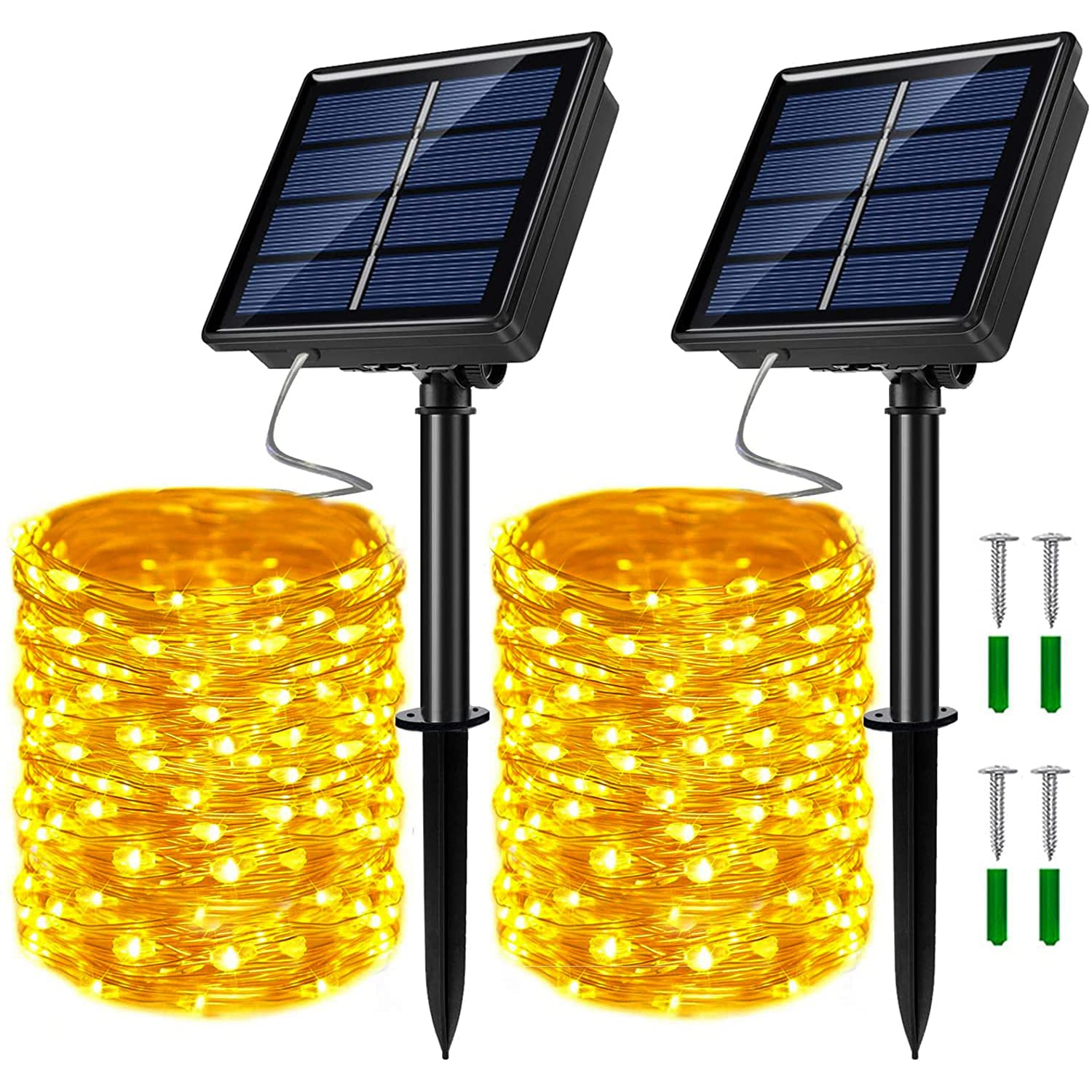 2 Pack Solar Powered Fairy String Lights - 33ft/66ft/80ft Outdoor Waterproof LED Christmas Lights with 8 Modes - 100/200/240 LEDs Warm White for Garden, Patio, Wedding, Party Decorations