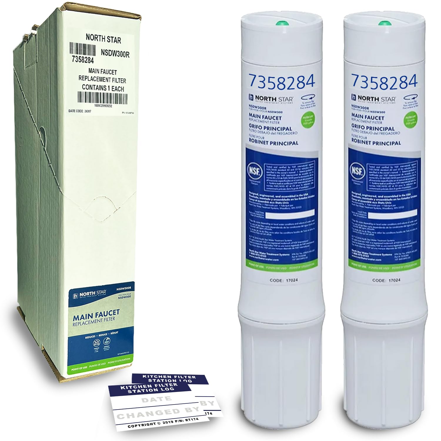 2-Pack NorthStar Main Faucet Filter Replacement (7358284) | Compatible with NSDW300 Under Sink Water Filtration System | Includes Reminder Stickers | Improve Drinking Water Quality for Home & Office Use
