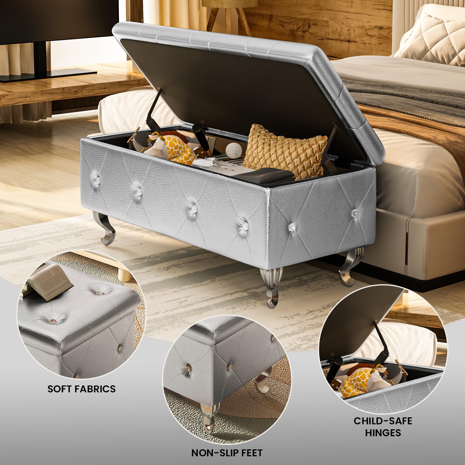 DKLGG Leather Storage Ottoman Bench with Seating - Upholstered Footrest Stool for Bedroom, Living Room & Entryway - Silver - Perfect for Extra Seating, Shoe Storage & Home Organization