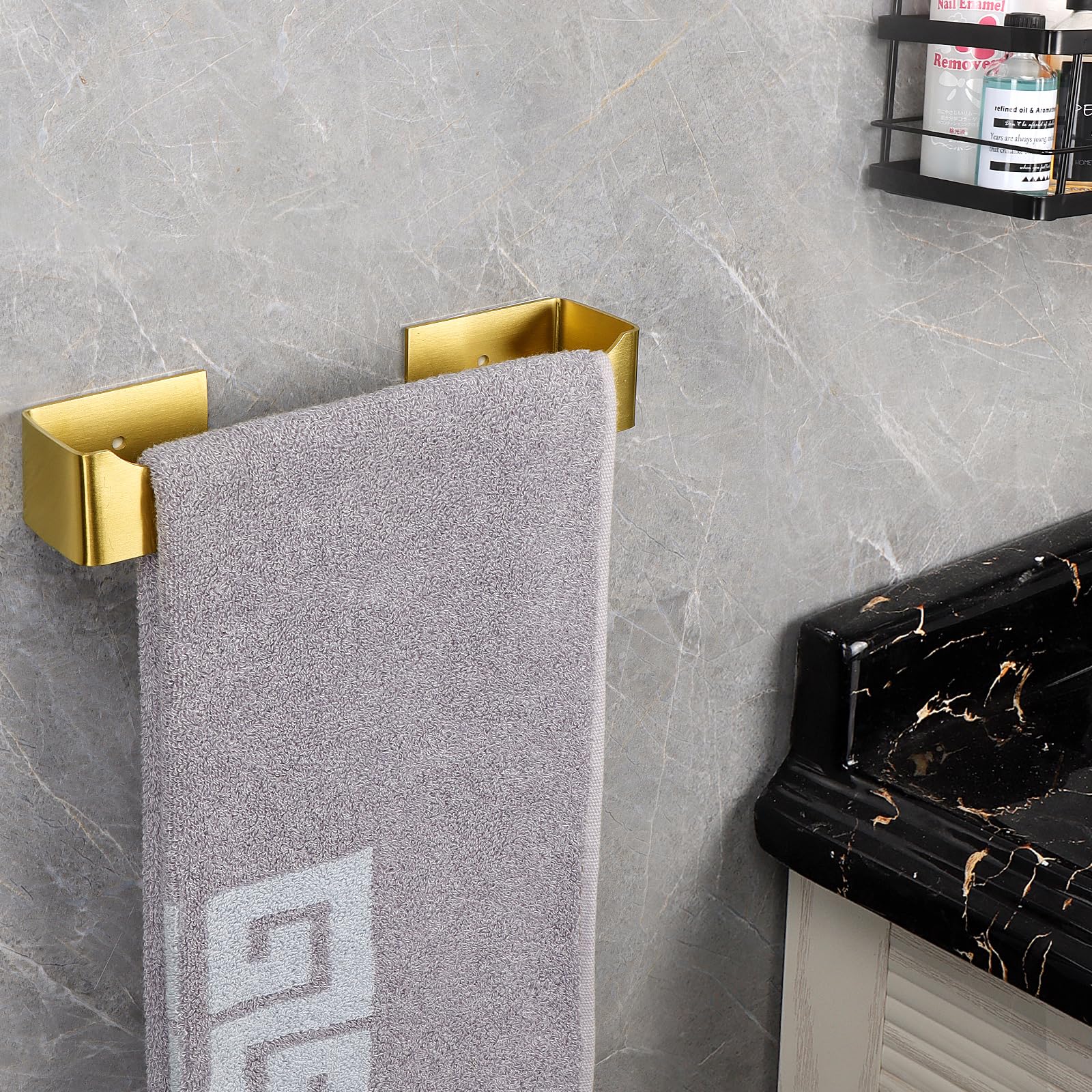 NearMoon Self-Adhesive Stainless Steel Hand Towel Holder - 9 Inch Brushed Gold Wall-Mounted Towel Ring for Bathroom & Kitchen - Rustproof Square Sticky Towel Bar - Perfect for Small Spaces, RVs, and Apartments