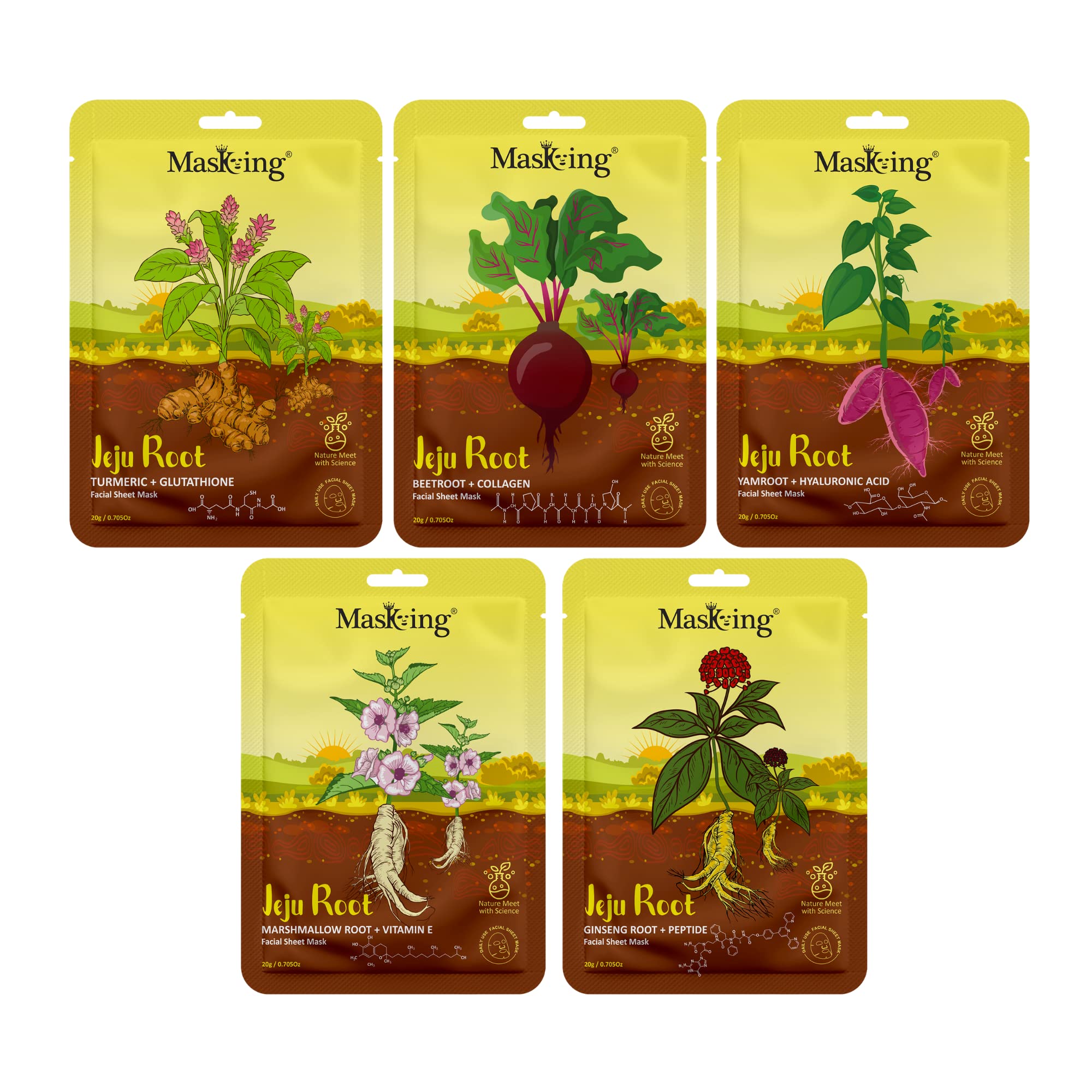 Jeju Root Face Sheet Mask Combo for Skin Inflammation, Regeneration & Moisturizing - 5 Pack, Ideal for Men & Women - Perfect for Daily Skincare, Spa Nights & Travel Essentials
